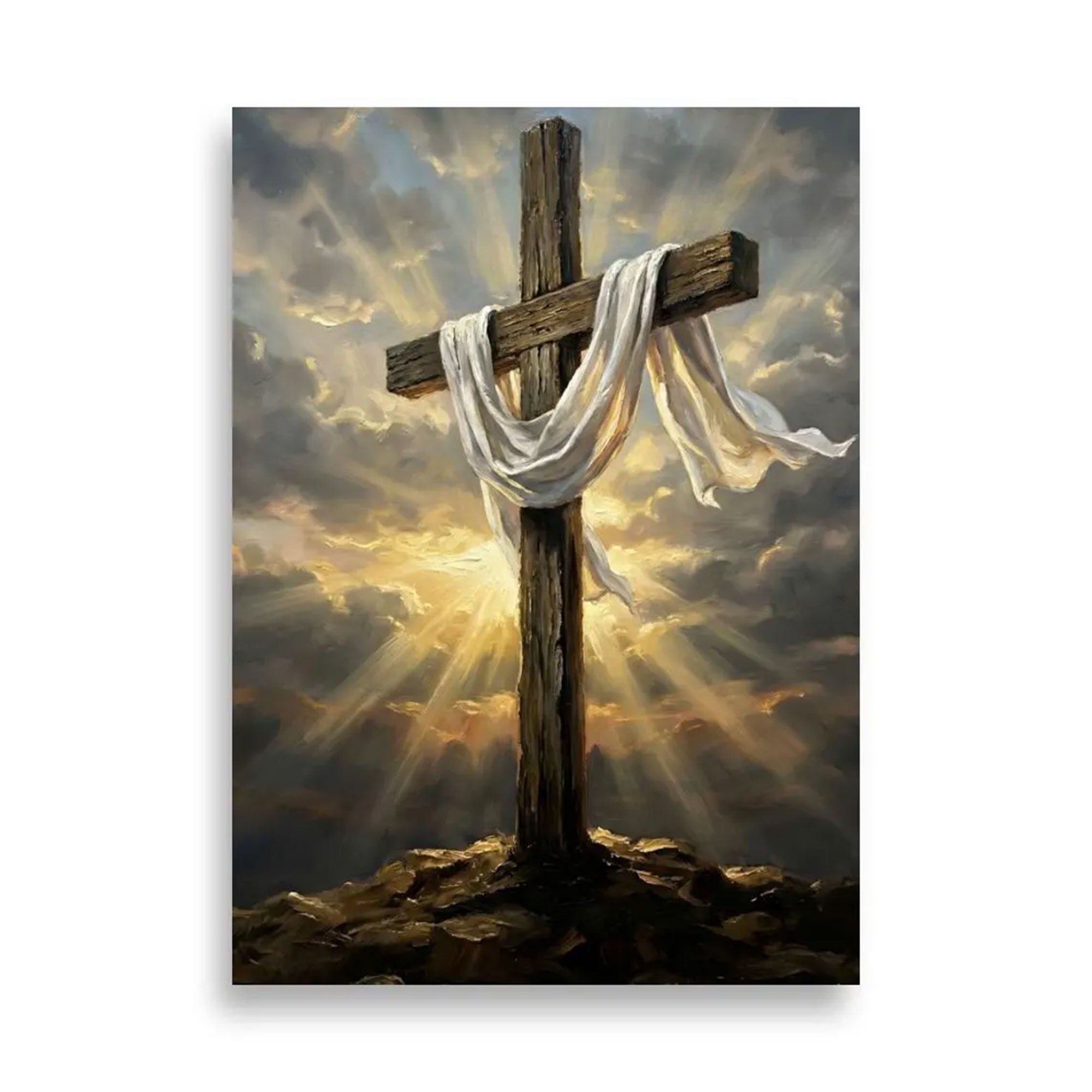Empty Cross Canvas Print, Resurrection Easter Christian Wall Art, Wooden Cross with Shroud Decor, Symbol of New Life, Inspirational Faith Gift