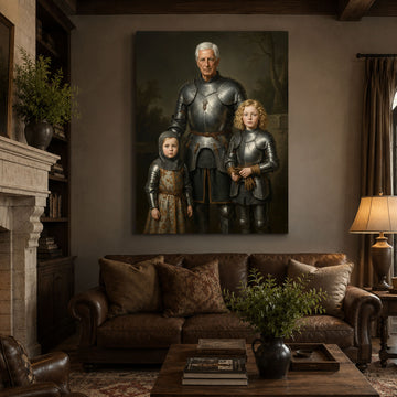 Personalized Knight Grandpa And Grandchildren Canvas Print, Custom Medieval Family Portrait Wall Art, Father’s Day Gift For Grandpa