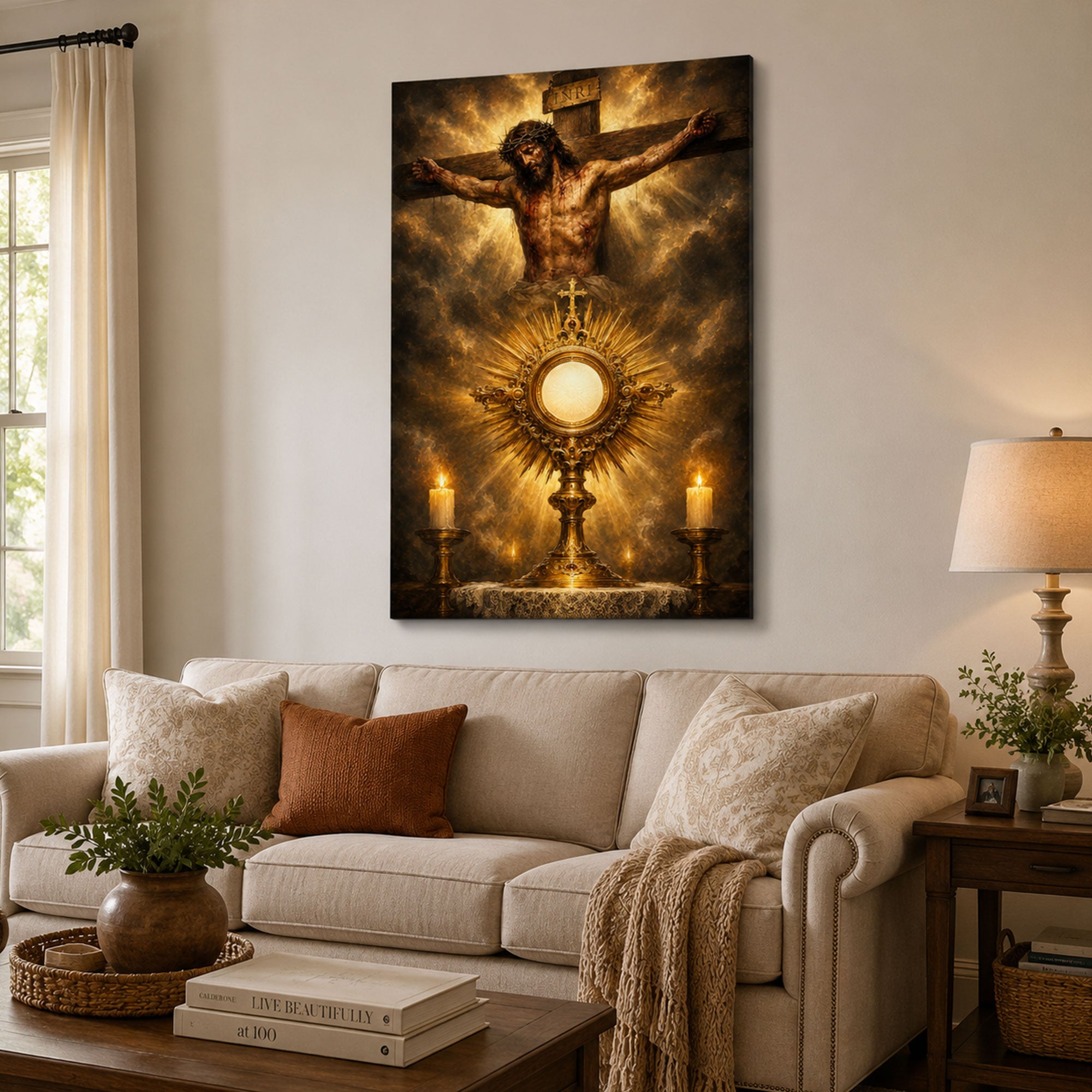 Jesus Crucifixion and Holy Eucharist Canvas Print, Blessed Sacrament Catholic Wall Art, Faith Home Decor Gift