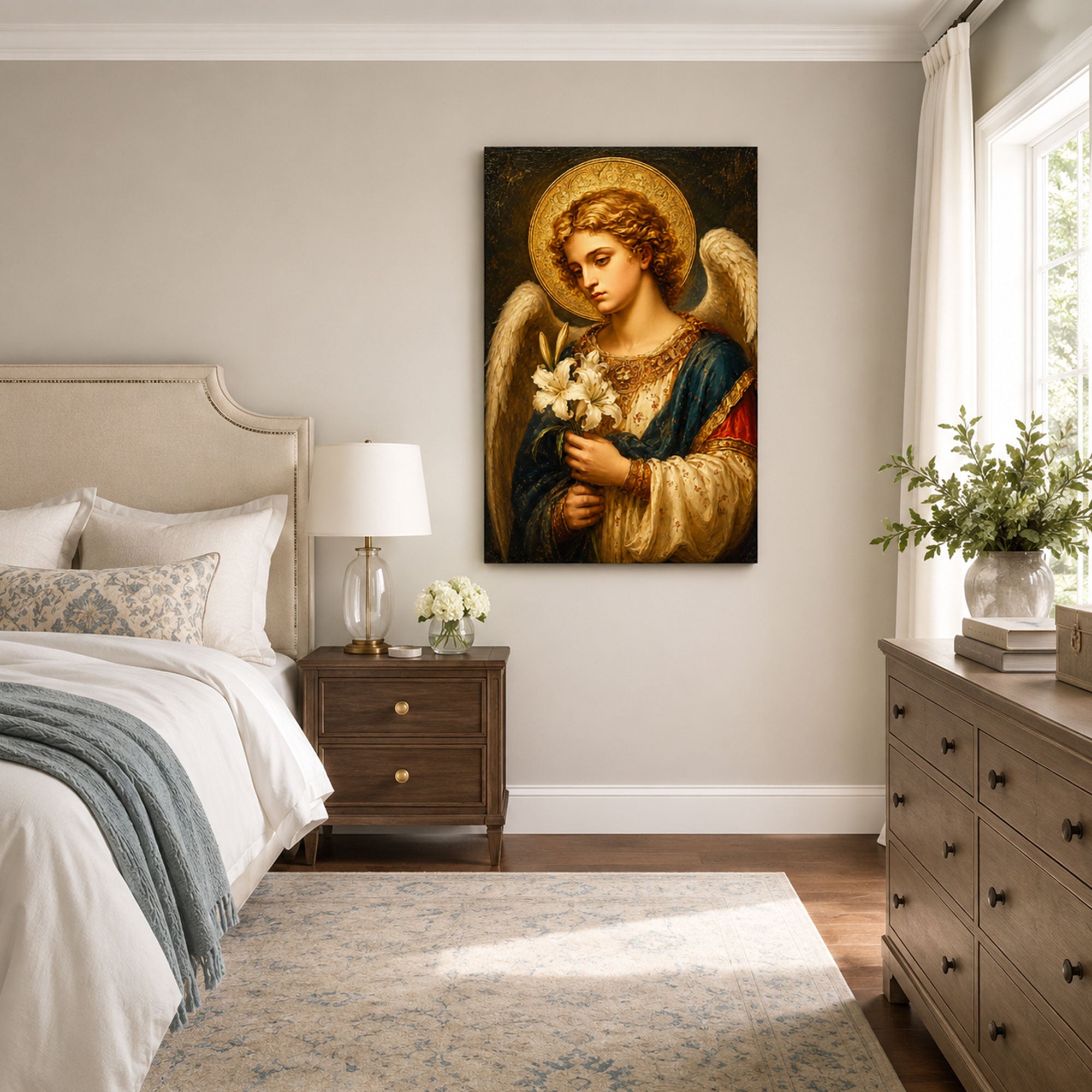 Archangel Gabriel with Lilies Canvas Print, Catholic Home Decor