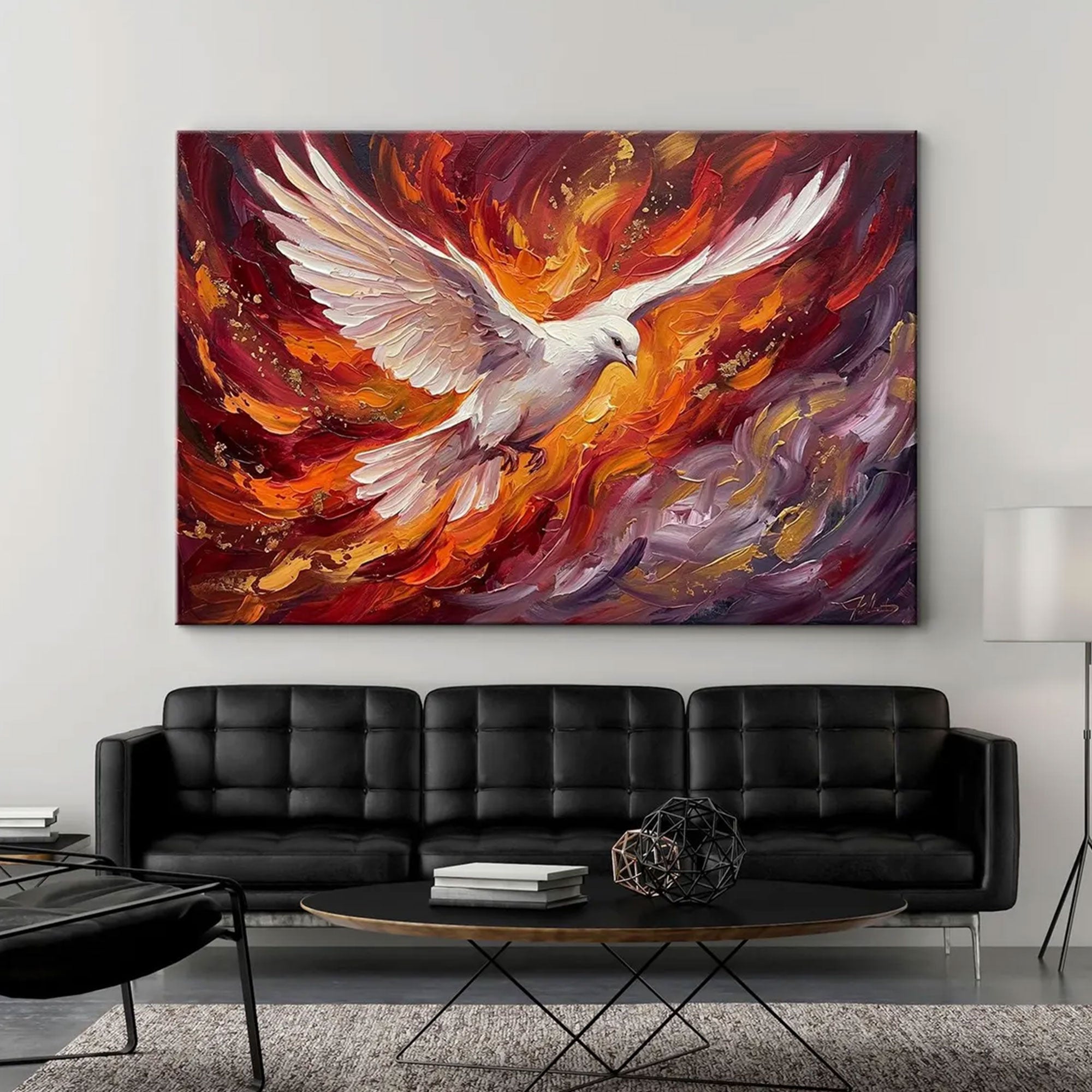 Holy Spirit Dove Fire Canvas Print, Modern Christian Wall Art, Pentecost Flame Decor, Red Orange Gold Faith Artwork