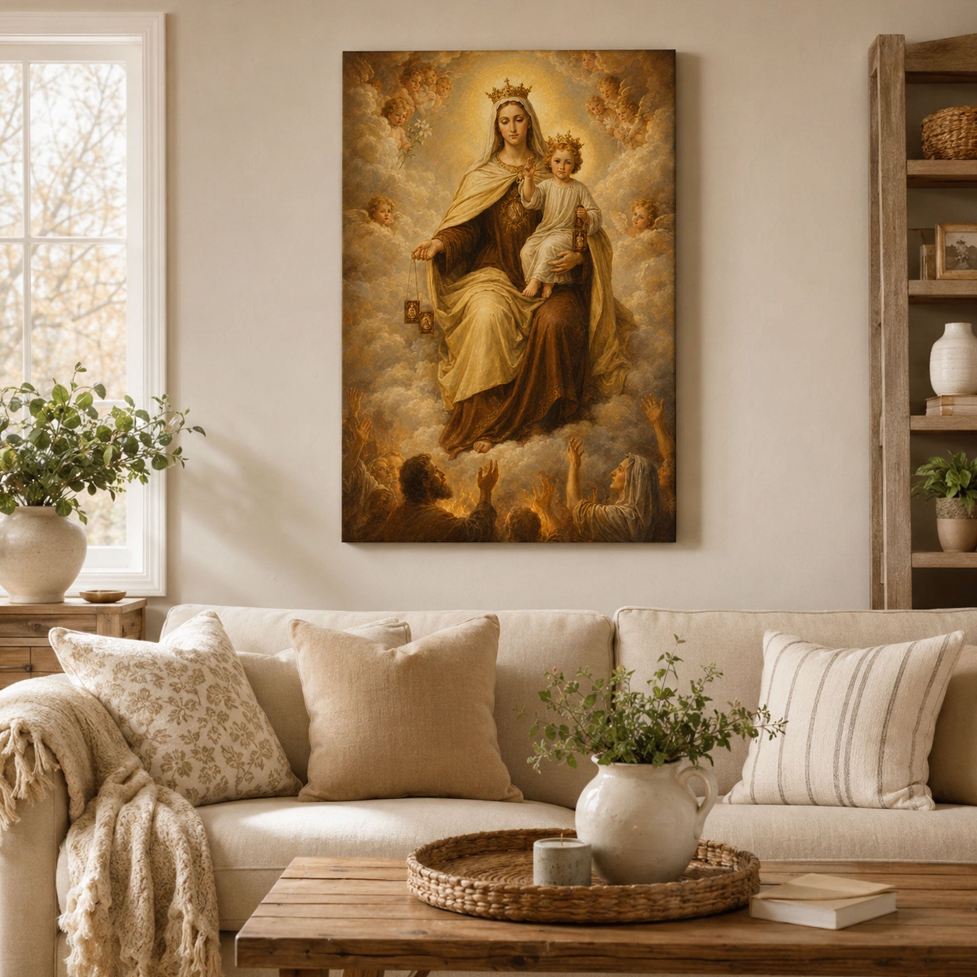Our Lady of Mount Carmel Canvas Print, Virgin Mary with Child Jesus Catholic Wall Art, Faith Home Decor Gift