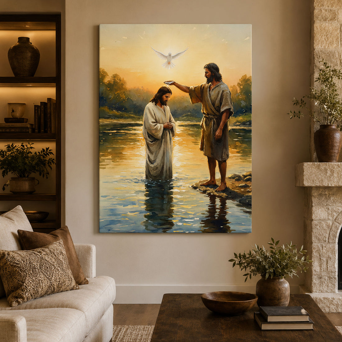 Baptism of Jesus Canvas Print, John the Baptist and Holy Spirit Dove Christian Wall Art, Bible Story Home Decor
