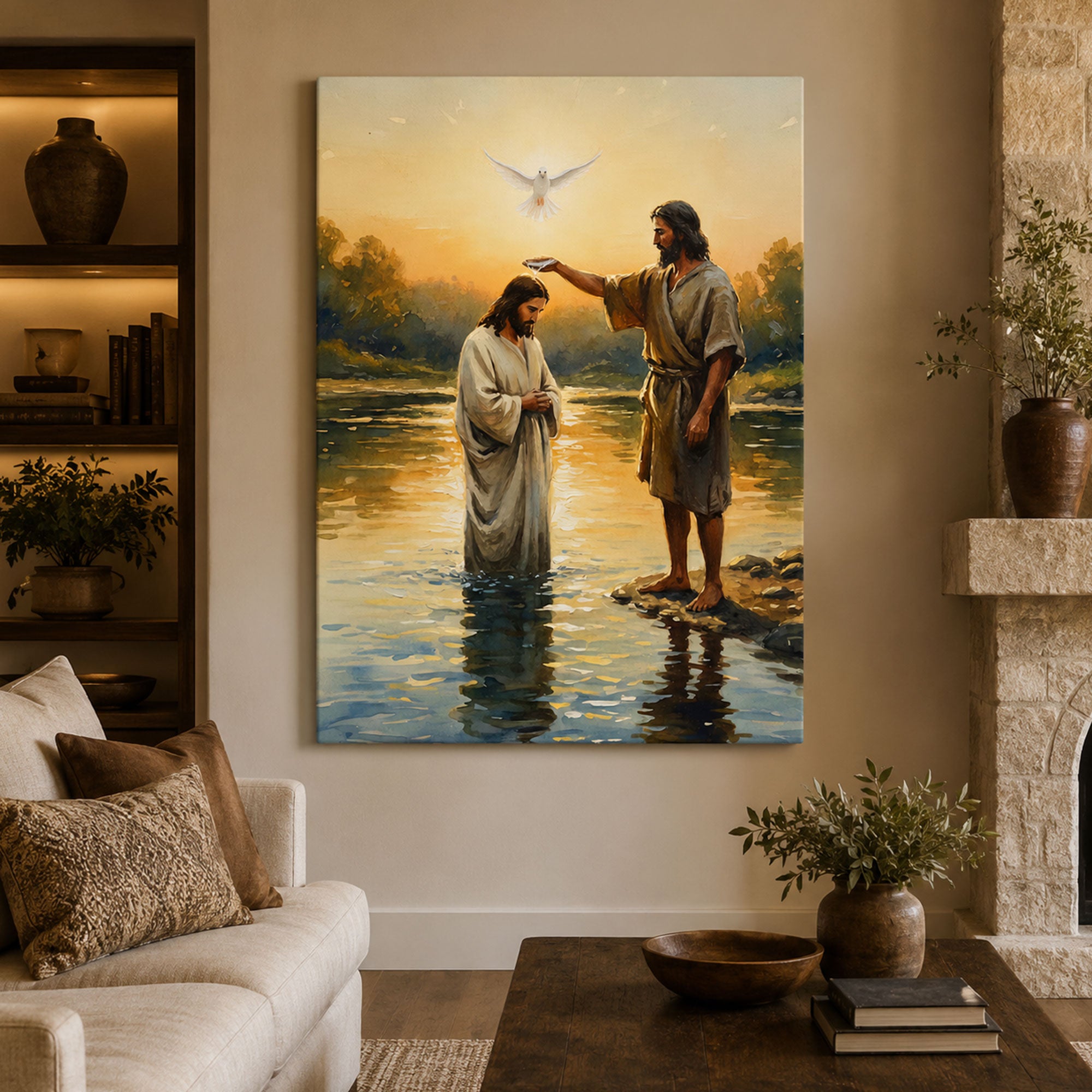 Baptism of Jesus Canvas Print, John the Baptist and Holy Spirit Dove Christian Wall Art, Bible Story Home Decor