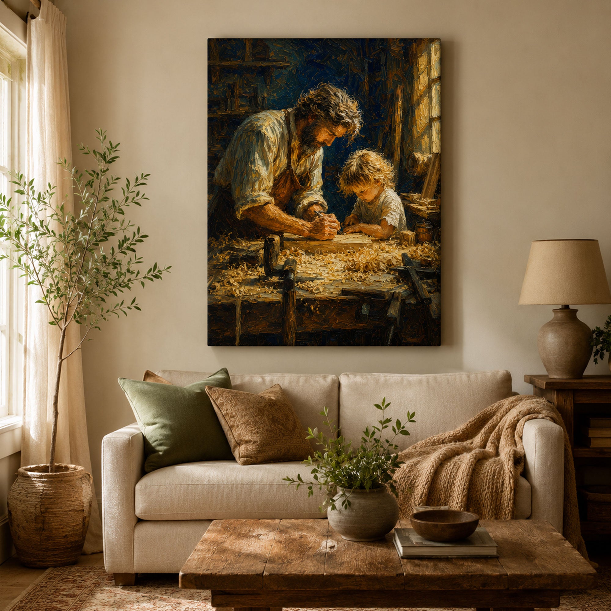 Saint Joseph Teaching Child Jesus Canvas Print, Catholic Wall Art, Rustic Faith Home Decor