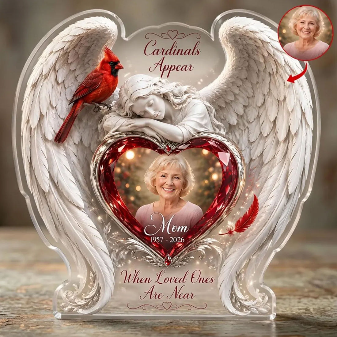 Personalized Cardinal Memorial Acrylic Desk Plaque, When Loved Ones Are Near, Angel Wings Photo Keepsake