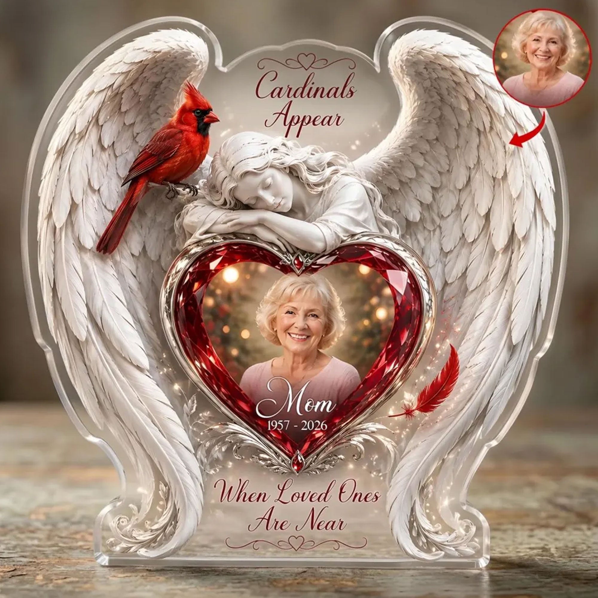 Personalized Cardinal Memorial Acrylic Desk Plaque, When Loved Ones Are Near, Angel Wings Photo Keepsake