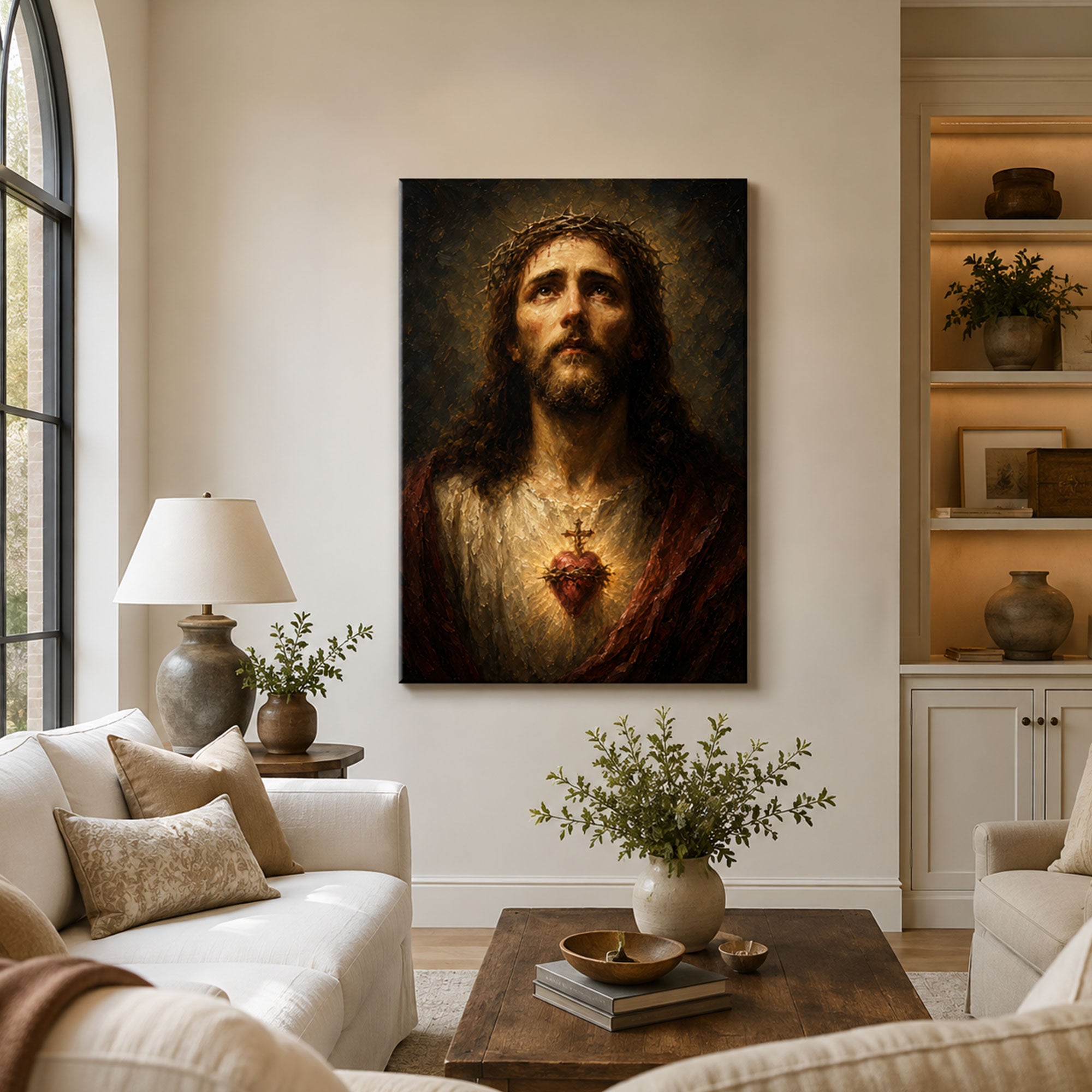 Sacred Heart of Jesus Canvas Print, Crown of Thorns Catholic Wall Decor, Christian Faith Gift
