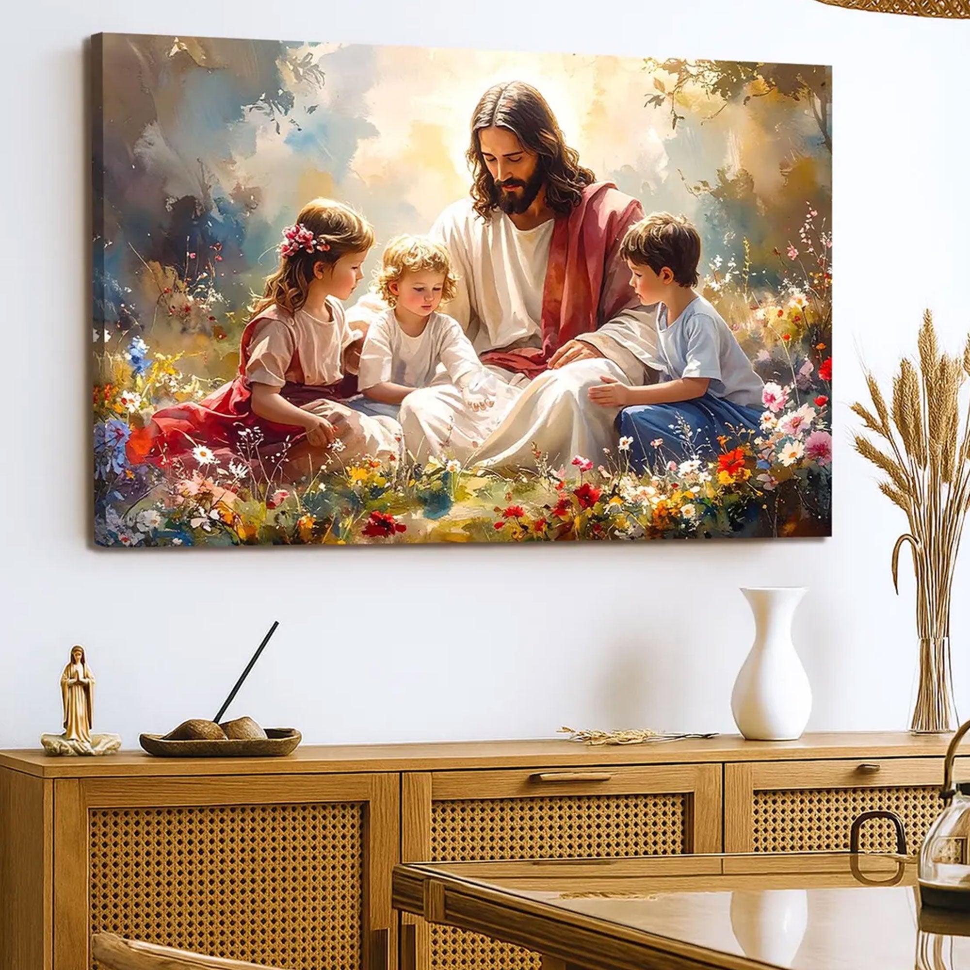 Jesus With Children Canvas Print, Christian Faith Wall Art, Religious Home Decor, Living Room Artwork