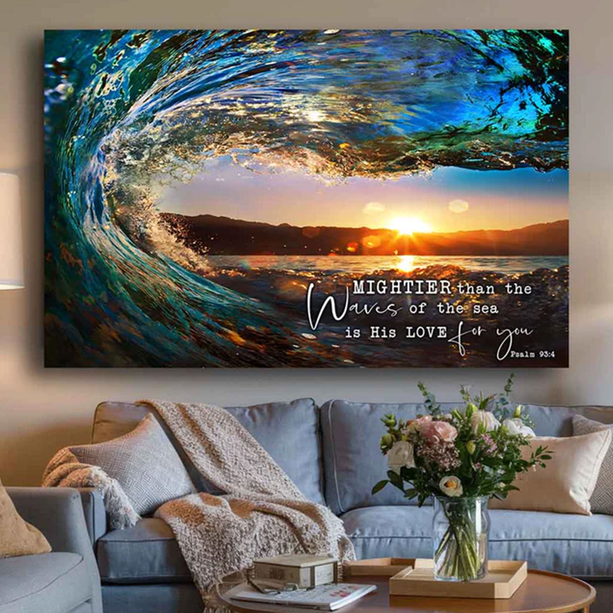“Mightier Than The Waves Of The Sea” Canvas Print, Christian Scripture Wall Art, Coastal Faith Decor, Inspirational Bible Artwork