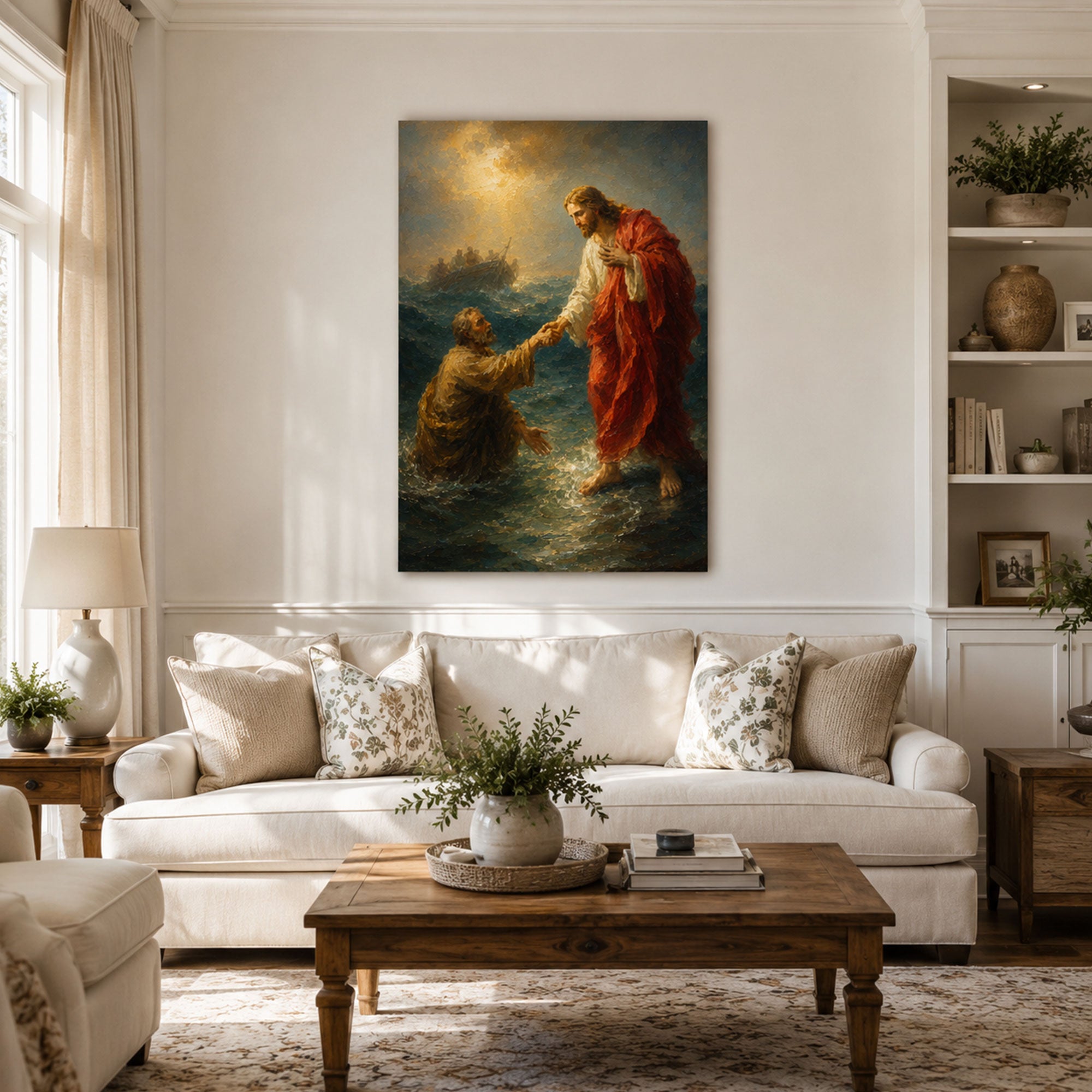 Jesus Saves Peter Canvas Print, Matthew 14:30-31 Walking on Water Christian Wall Decor, Faith Gift