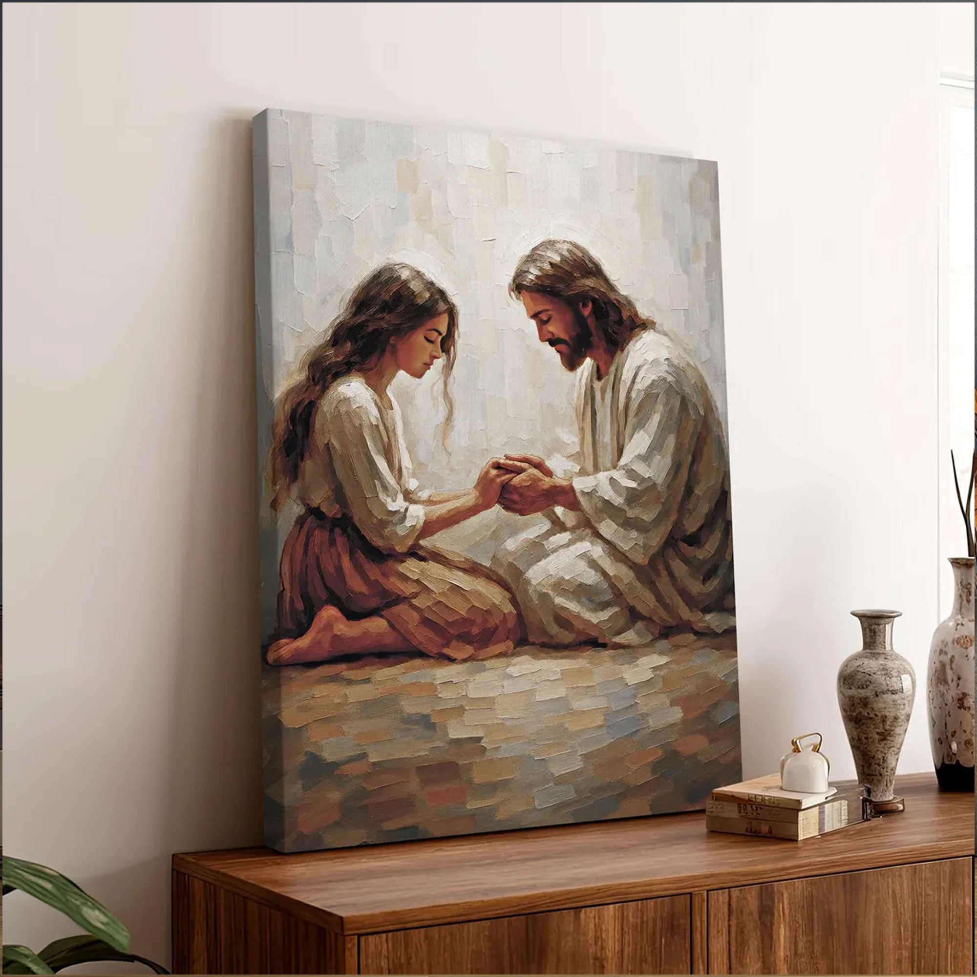 Jesus and Woman Prayer Canvas, Christian Wall Art, Inspirational Faith Based Religious Decor