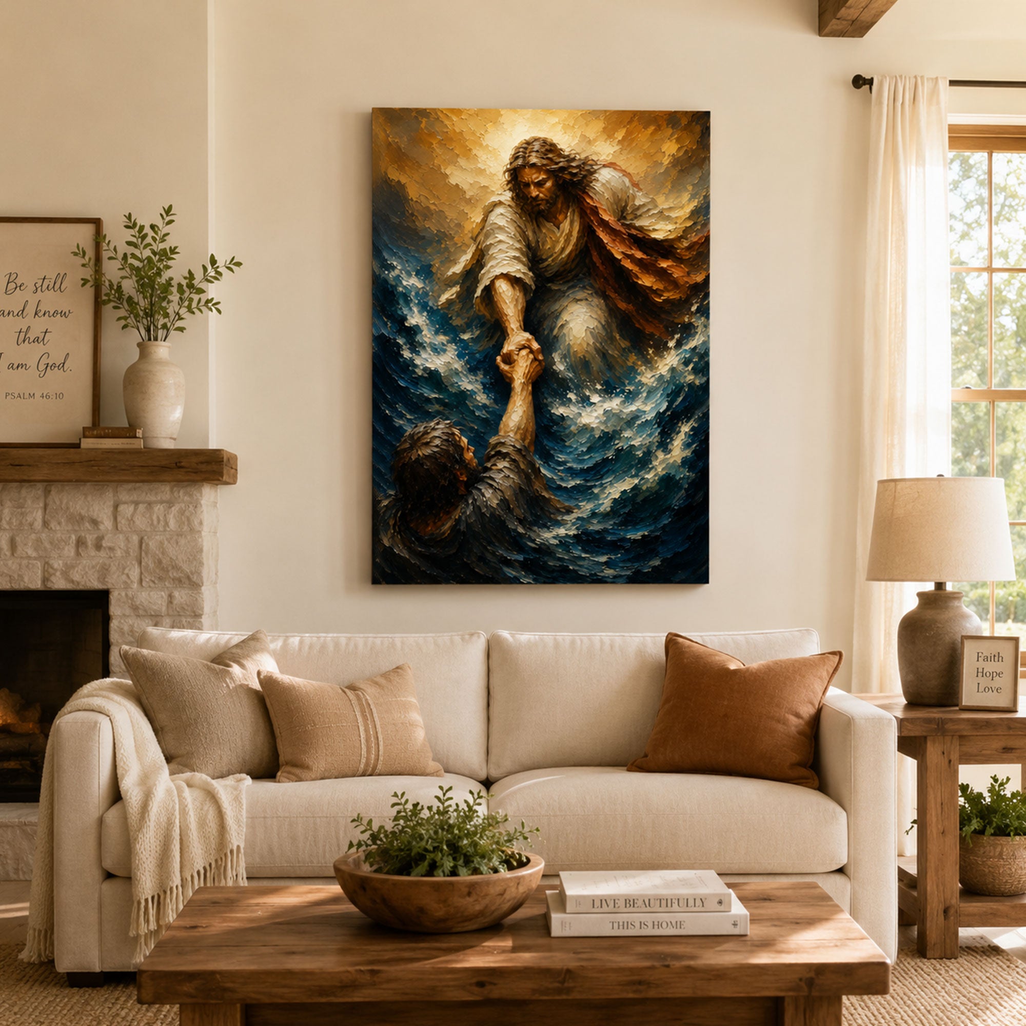 Jesus Saving Peter Canvas Print, Walking on Water Christian Wall Art, Faith Home Decor Gift
