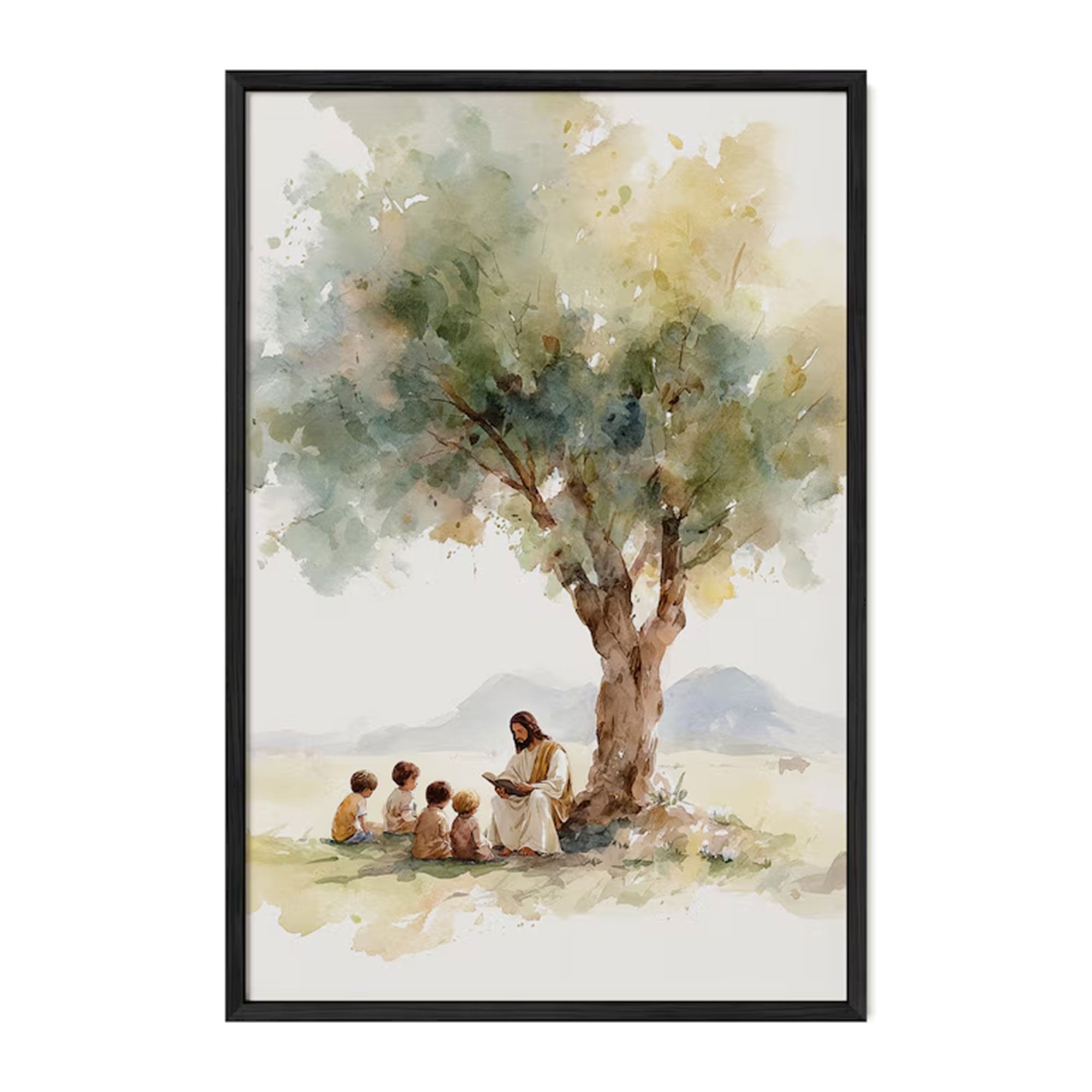 Jesus Teaching Children Watercolor Print, Christian Wall Art, Bible Nursery Decor, Kids Room Faith Gift