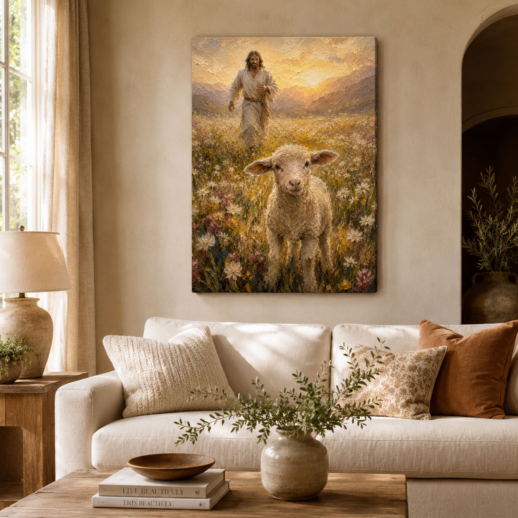 Good Shepherd Jesus and Lamb Canvas Print, Peaceful Christian Wall Art, Wildflower Meadow Home Decor