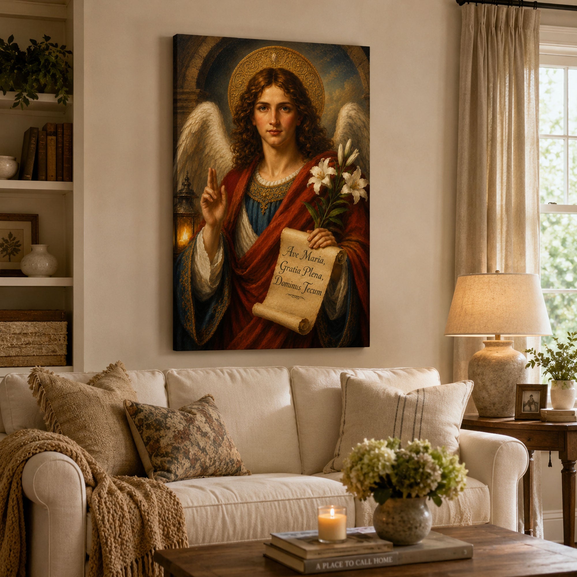 Archangel Gabriel Ave Maria Canvas Print, Catholic Angel Wall Art, Faith Home Decor Gift