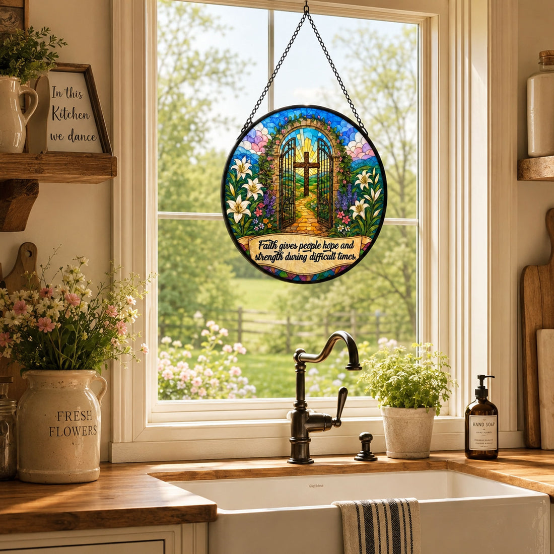 Faith Gives Hope and Strength Suncatcher, Christian Cross Window Hanging, Inspirational Religious Gift