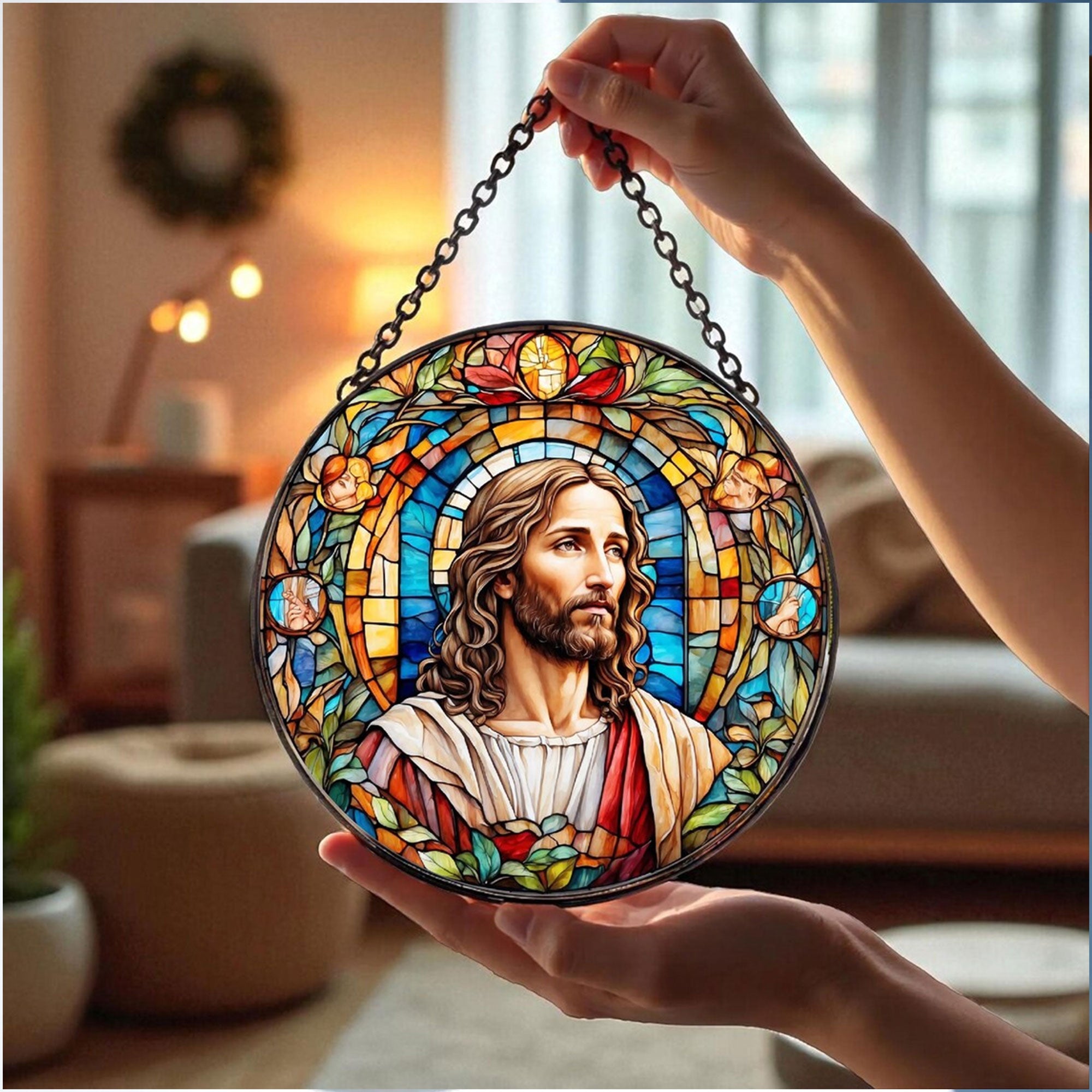 Jesus Christ Suncatcher, Christian Stained Glass Suncatcher, Religious Home Decor, Christian Gift, Religious Window Hanging, Memorial Gift