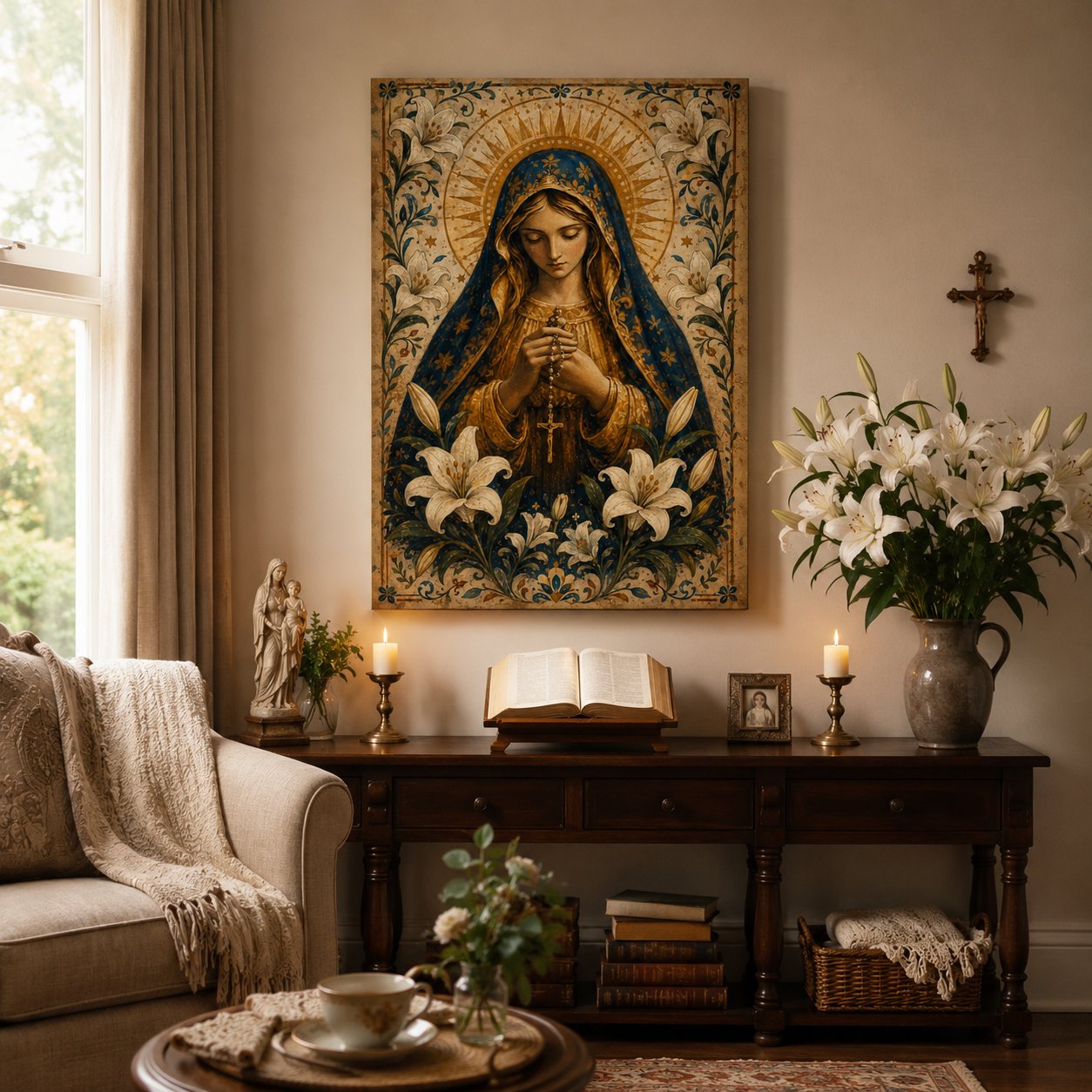 Our Lady of the Rosary Canvas Print, Virgin Mary with White Lilies, Catholic Home Decor