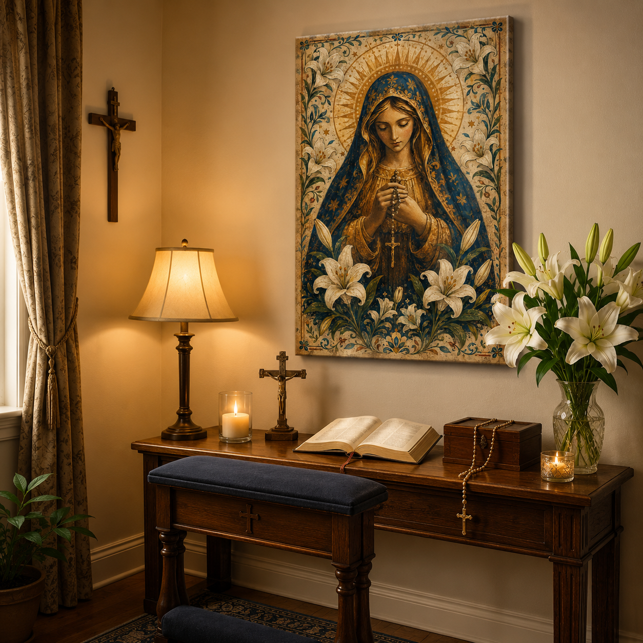 Our Lady of the Rosary Canvas Print, Virgin Mary with White Lilies, Catholic Home Decor