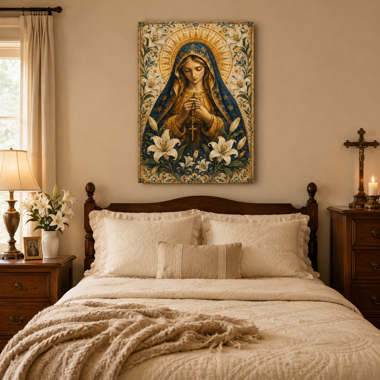 Our Lady of the Rosary Canvas Print, Virgin Mary with White Lilies, Catholic Home Decor