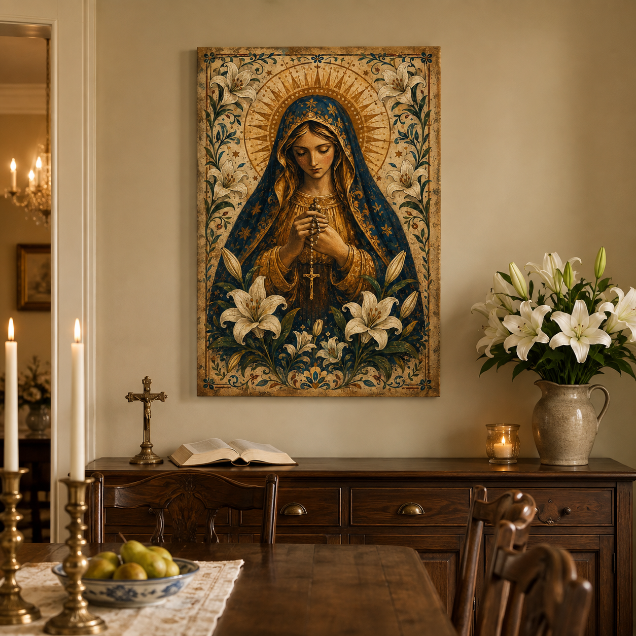 Our Lady of the Rosary Canvas Print, Virgin Mary with White Lilies, Catholic Home Decor