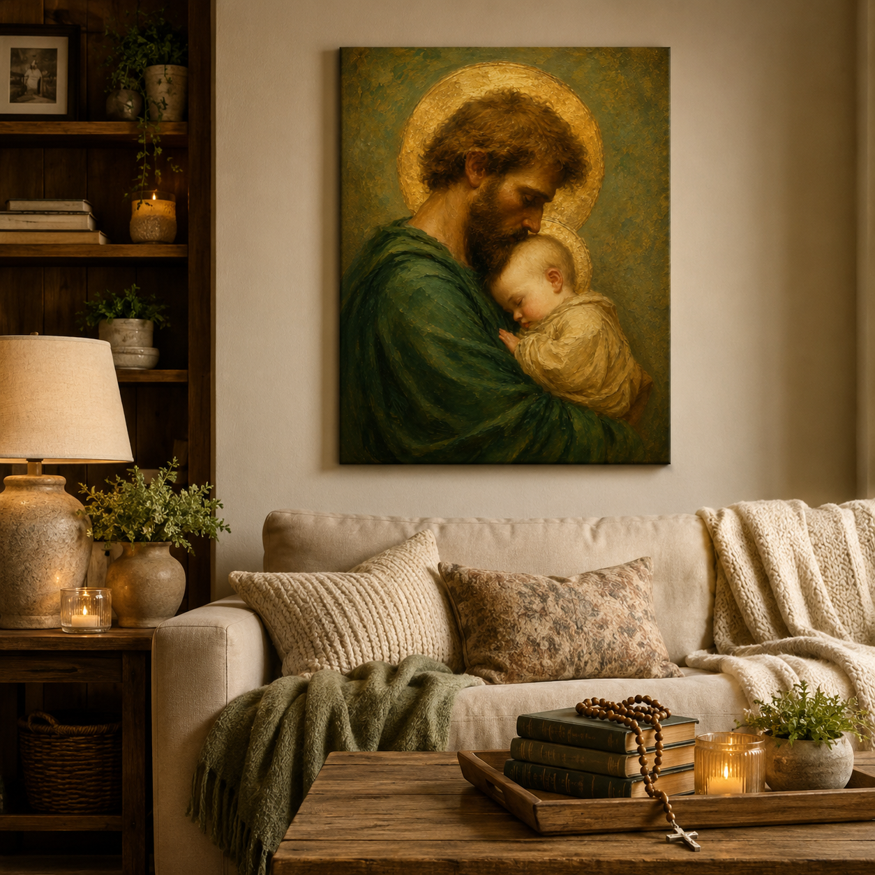 Saint Joseph and Child Jesus Canvas Print, Loving Father, Christian Home Decor Gift