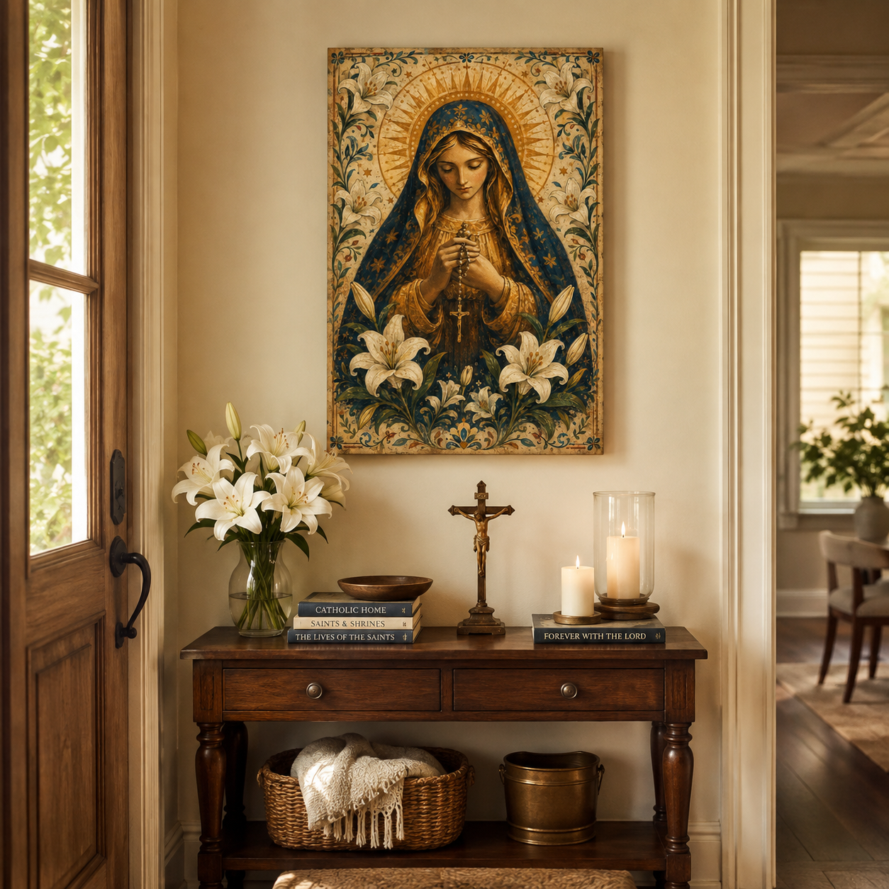 Our Lady of the Rosary Canvas Print, Virgin Mary with White Lilies, Catholic Home Decor