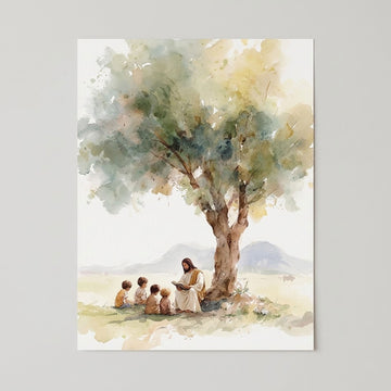 Jesus Teaching Children Watercolor Print, Christian Wall Art, Bible Nursery Decor, Kids Room Faith Gift