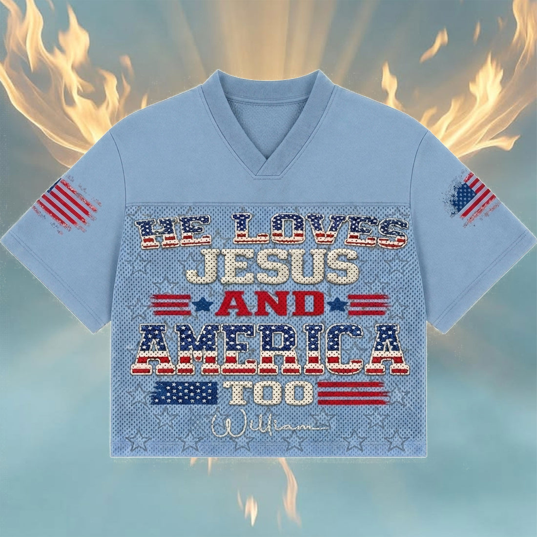 Personalized He Loves Jesus and America Too Mesh Jersey, Custom Name and Number Christian Apparel
