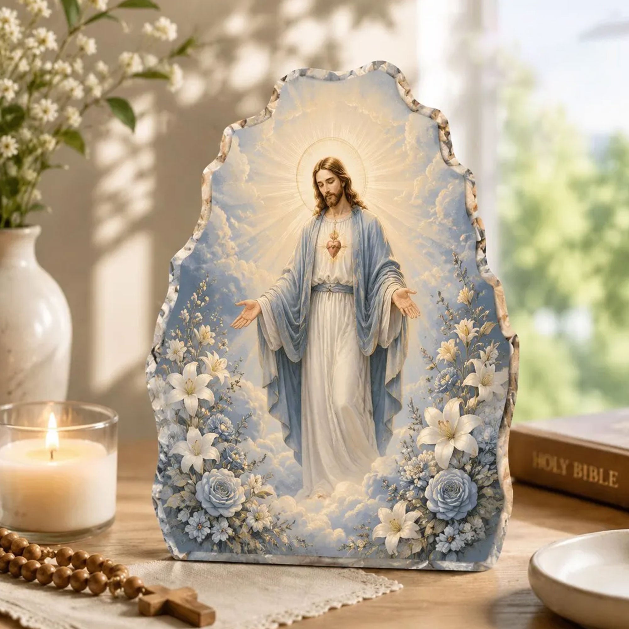 Sacred Heart of Jesus Acrylic Desk Plaque, Floral Catholic Christian Decor, Religious Faith Gift