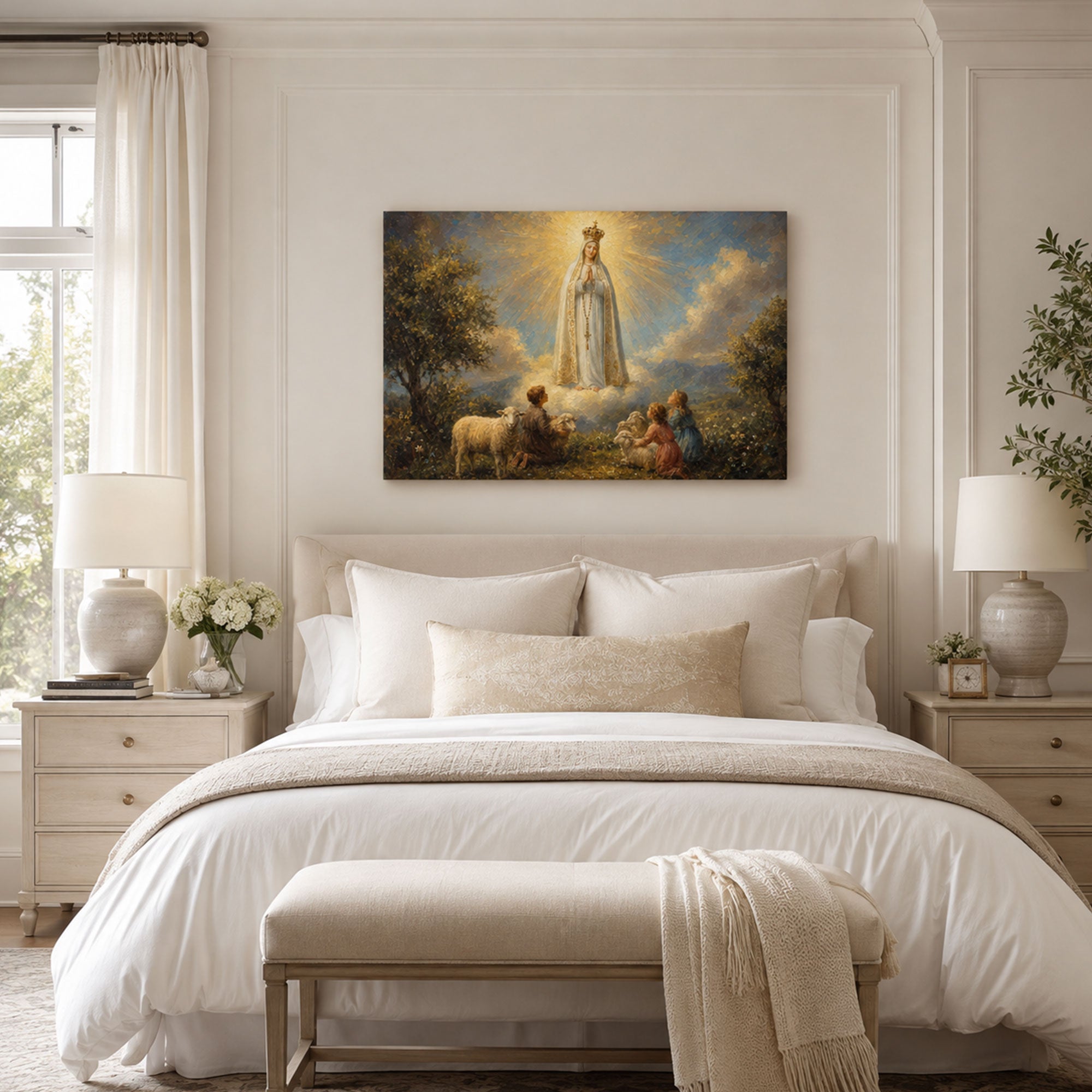 Our Lady of Fatima Apparition Canvas Print, Shepherd Children Catholic Wall Decor, Marian Faith Gift