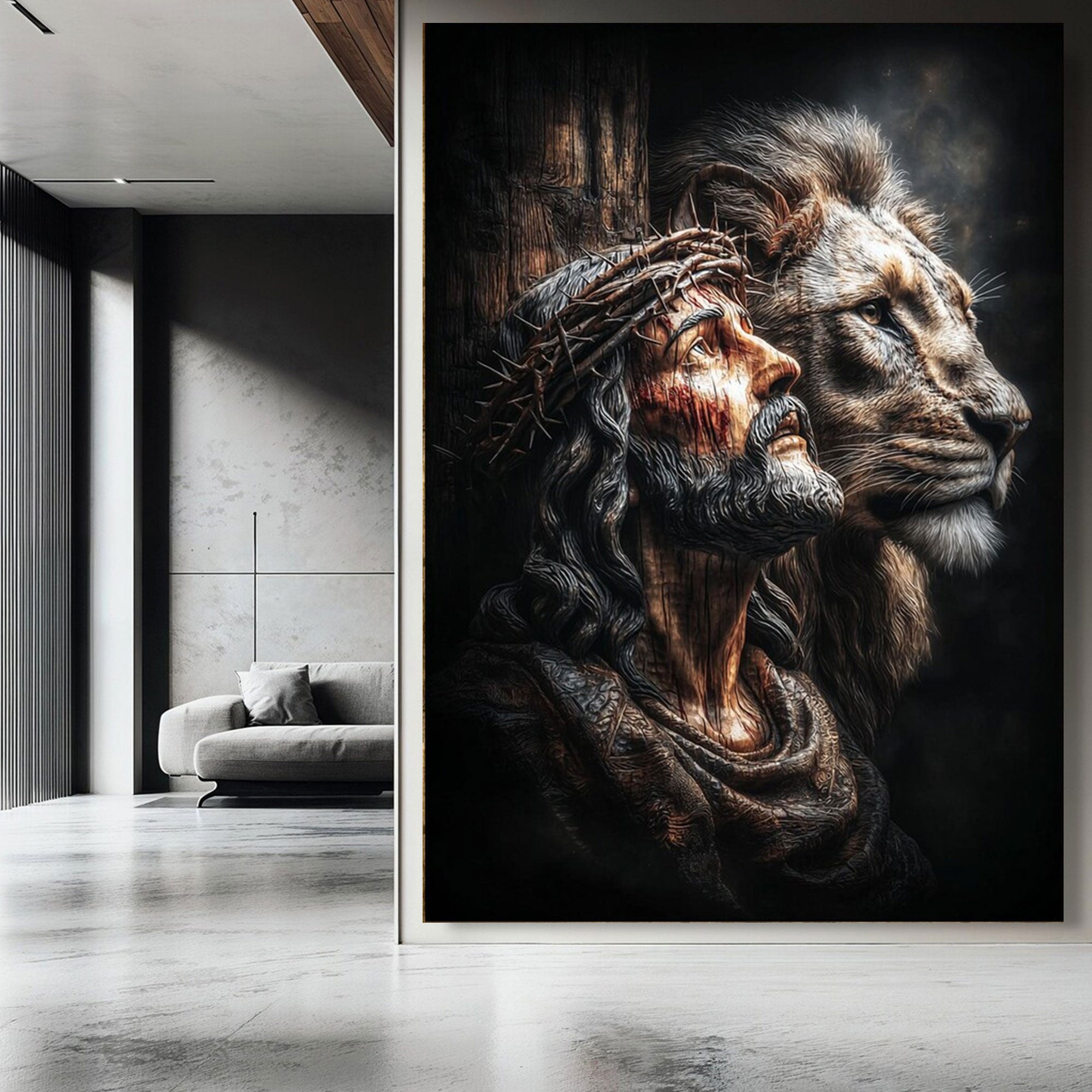 Jesus with Crown of Thorns and Lion Canvas Print, Christian Faith and Strength Wall Art, Inspirational Spiritual Decor