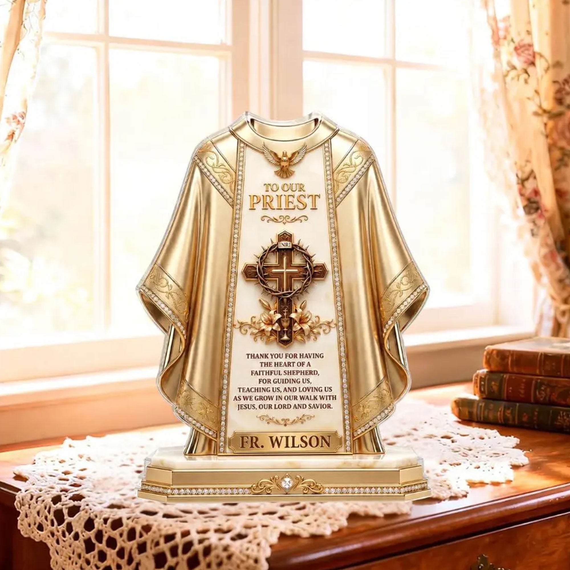 Personalized Priest Appreciation Acrylic Desk Plaque, To Our Priest Catholic Gift, Christian Cross Decor