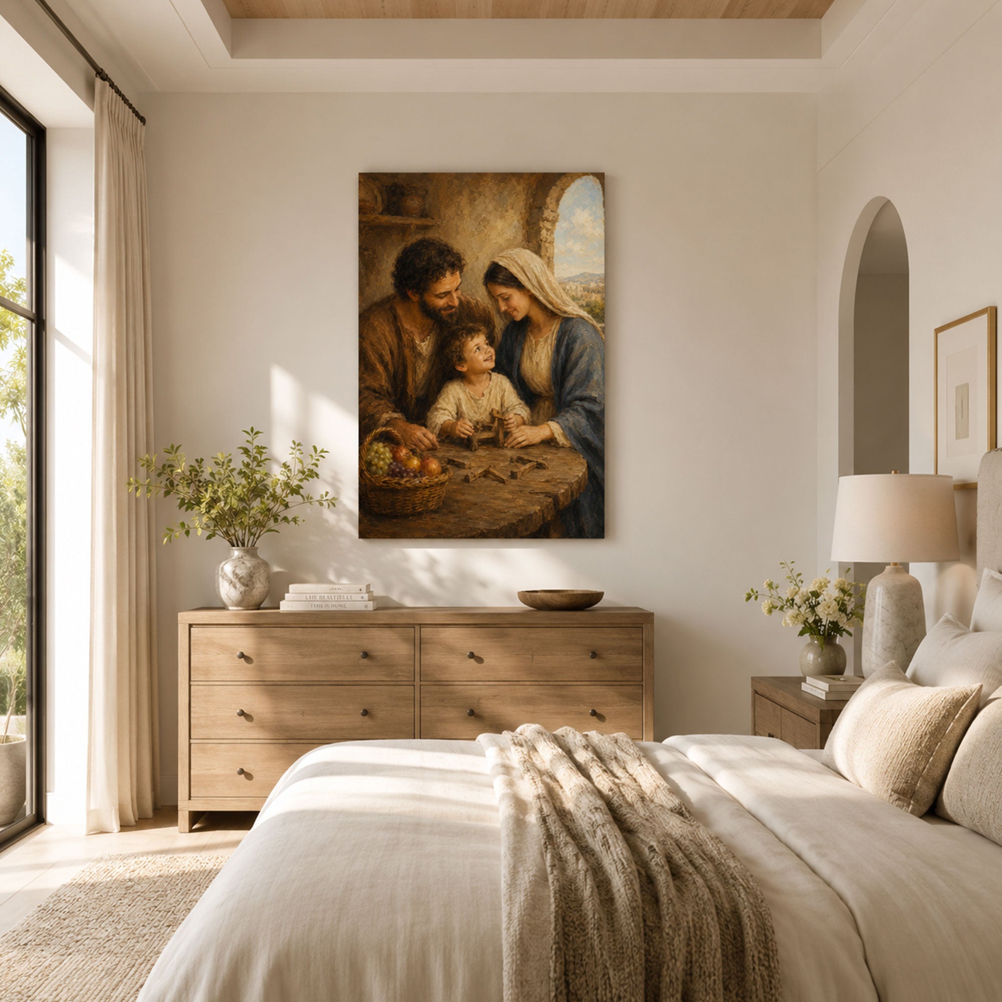 Holy Family at Nazareth Canvas Print, Saint Joseph Mary and Child Jesus Catholic Wall Decor, Faith Gift