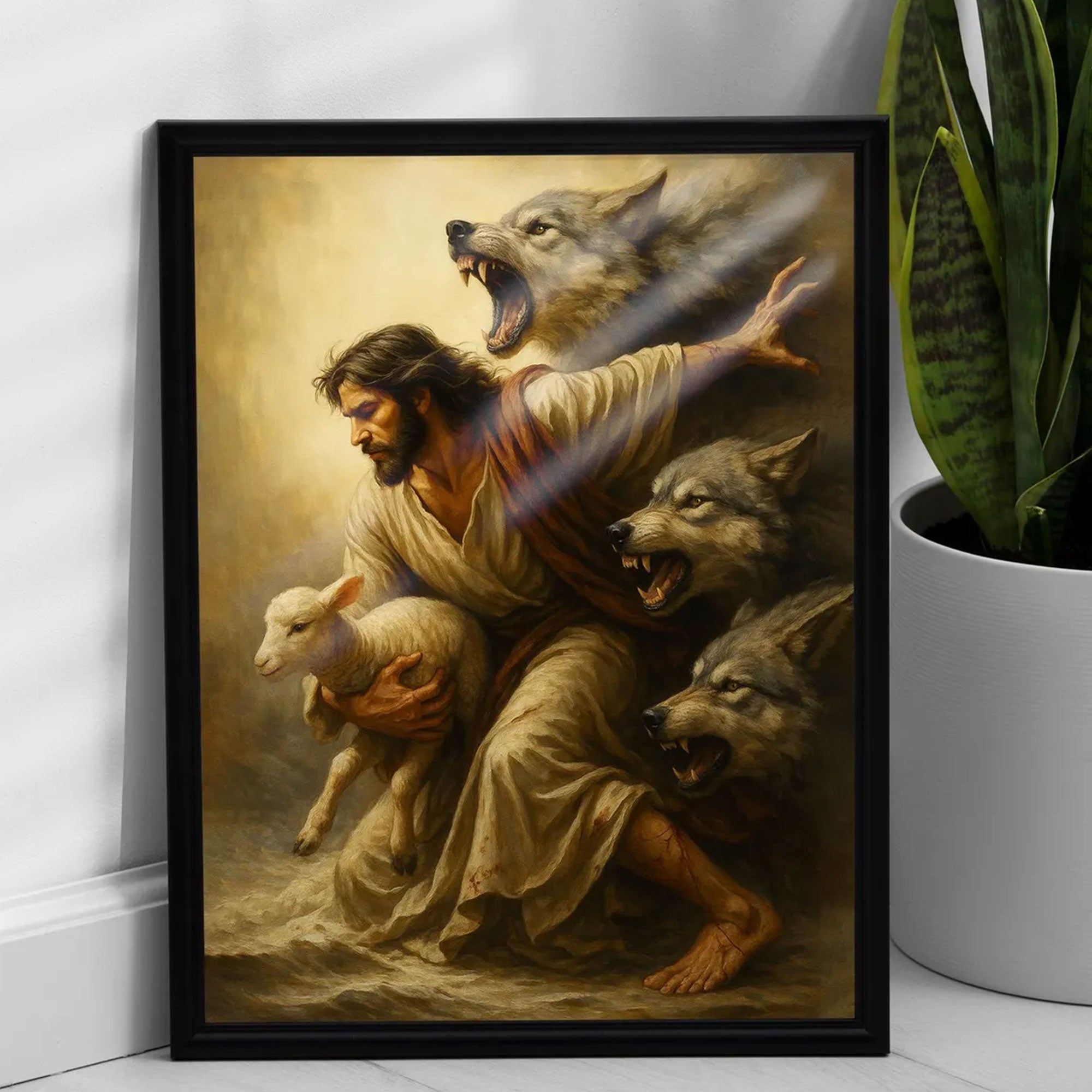 Jesus Protecting the Lamb Canvas Print, Christian Wall Art, Spiritual Decor, Jesus Saving Lamb Artwork, Religious Gift