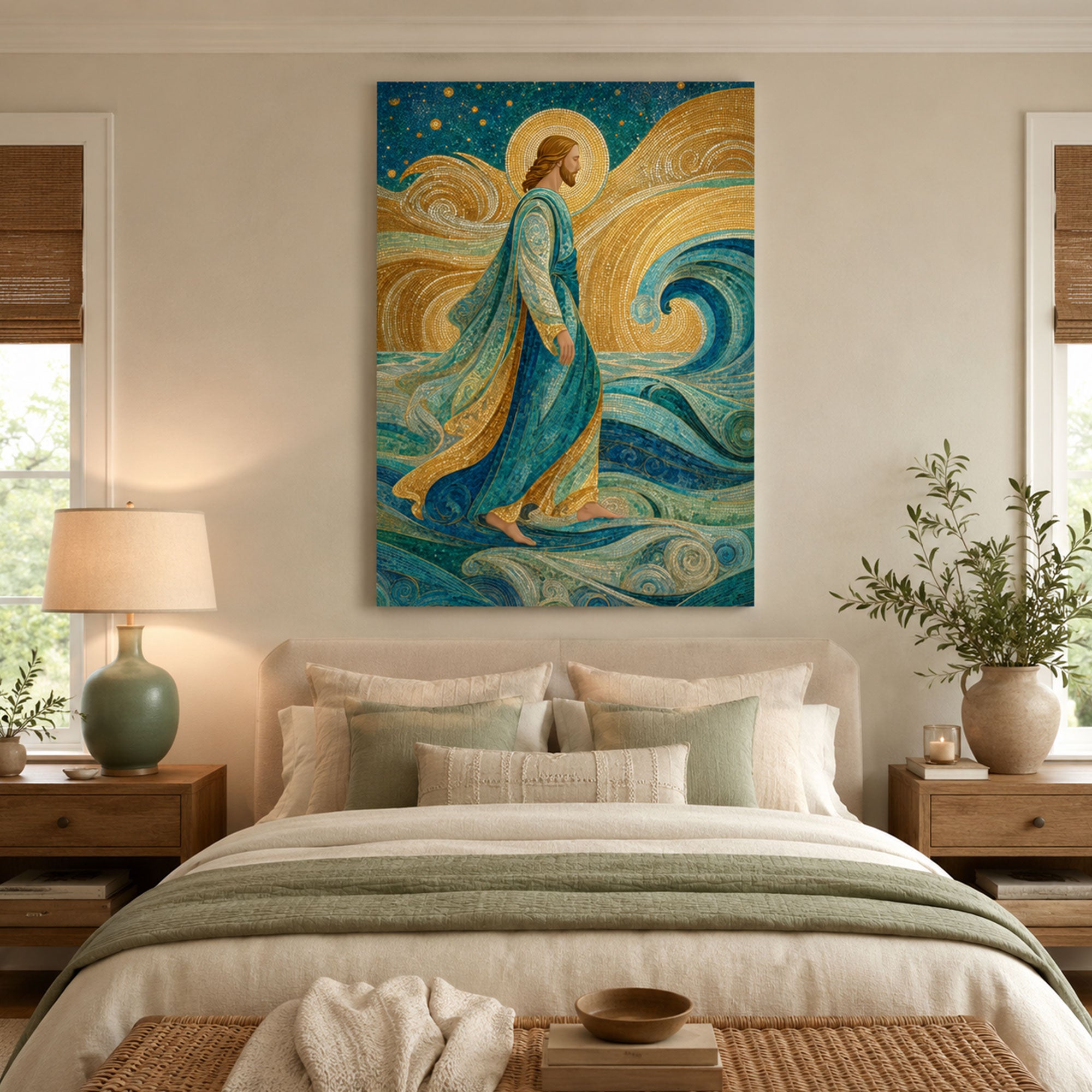Jesus Walking on Water Mosaic Canvas Print, Gustav Klimt Inspired Christian Wall Art, Golden Spiritual Home Decor