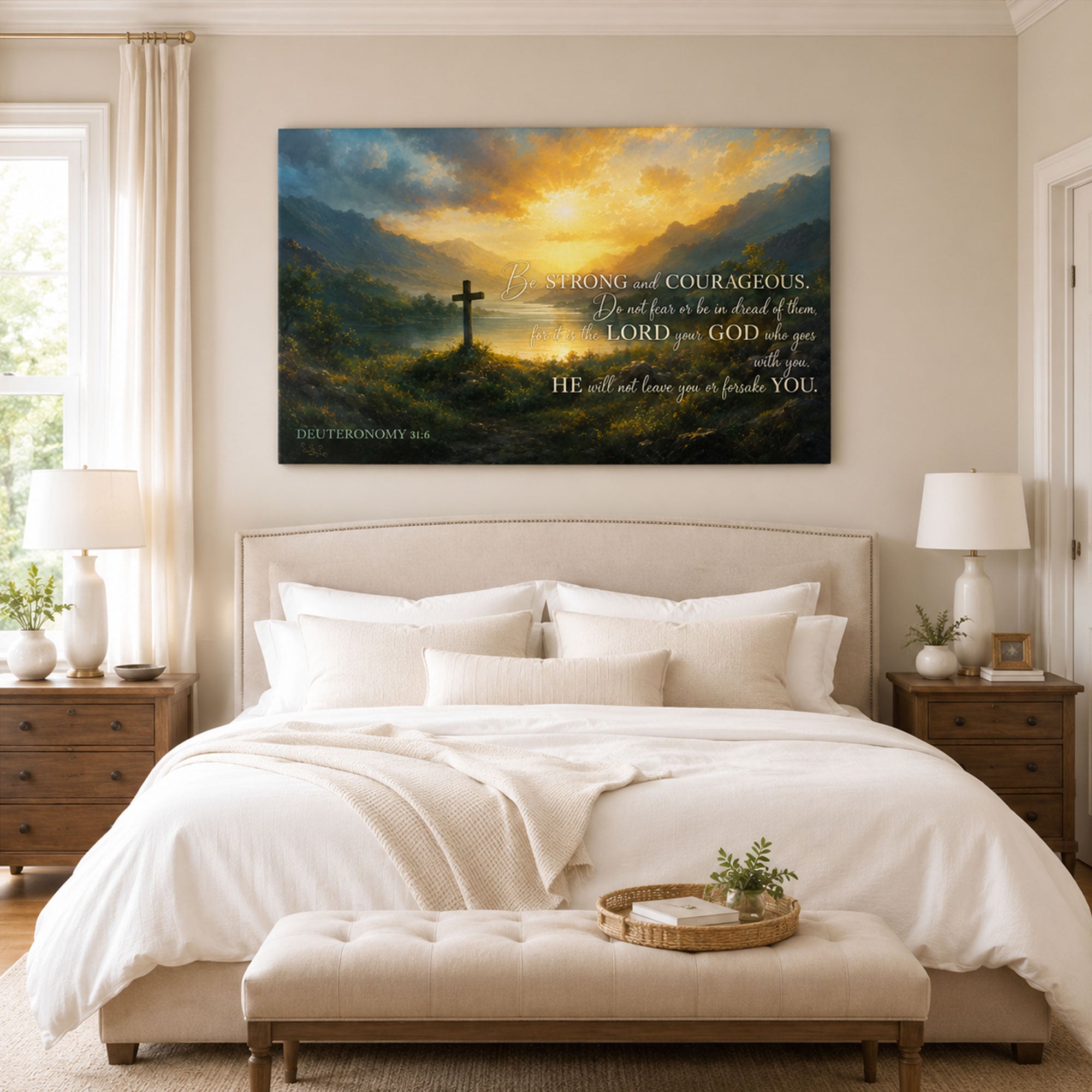 Be Strong and Courageous Deuteronomy 31:6 Canvas Print, Cross Sunrise Scripture Decor