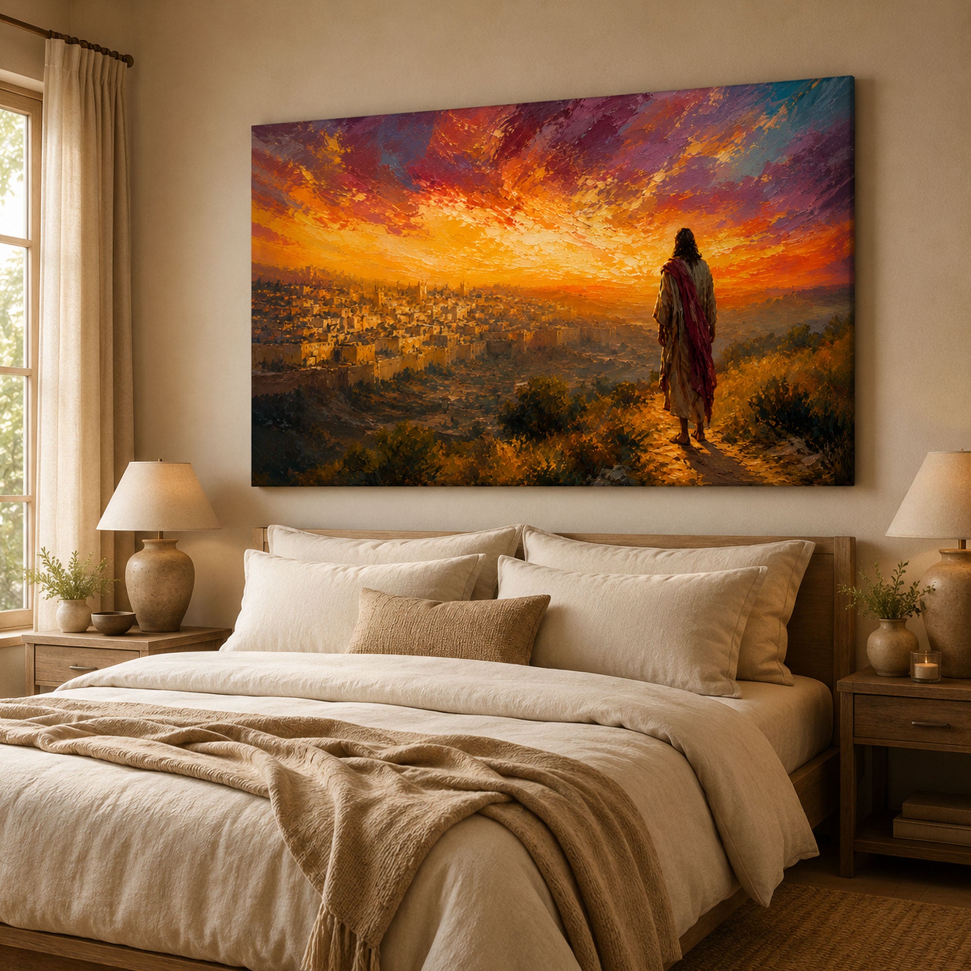 Jesus Over Jerusalem Canvas Print, Christian Wall Art, Holy City Sunset Faith Home Decor