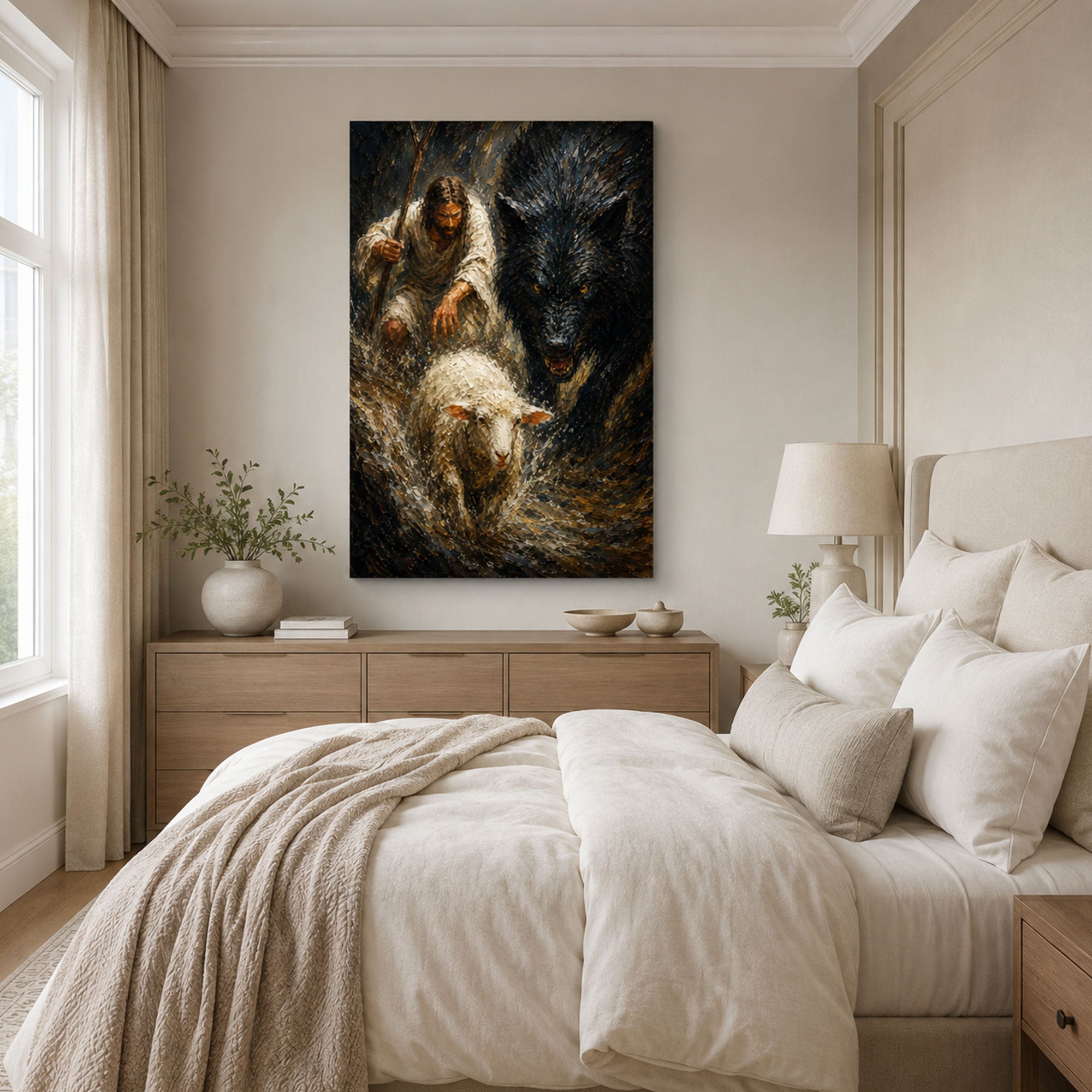 Jesus Protecting the Lamb from the Wolf Canvas Print, Good Shepherd Christian Wall Decor, Faith Gift