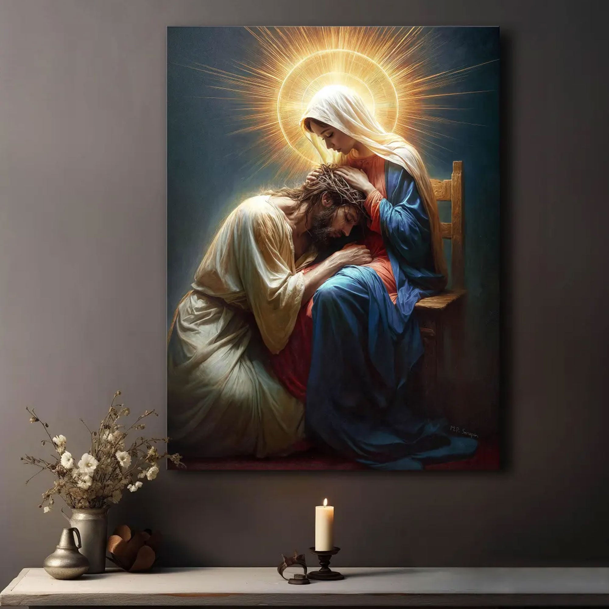 Mother Comforts Her Son Canvas Wall Art, Virgin Mary Embracing Jesus, Catholic Religious Decor