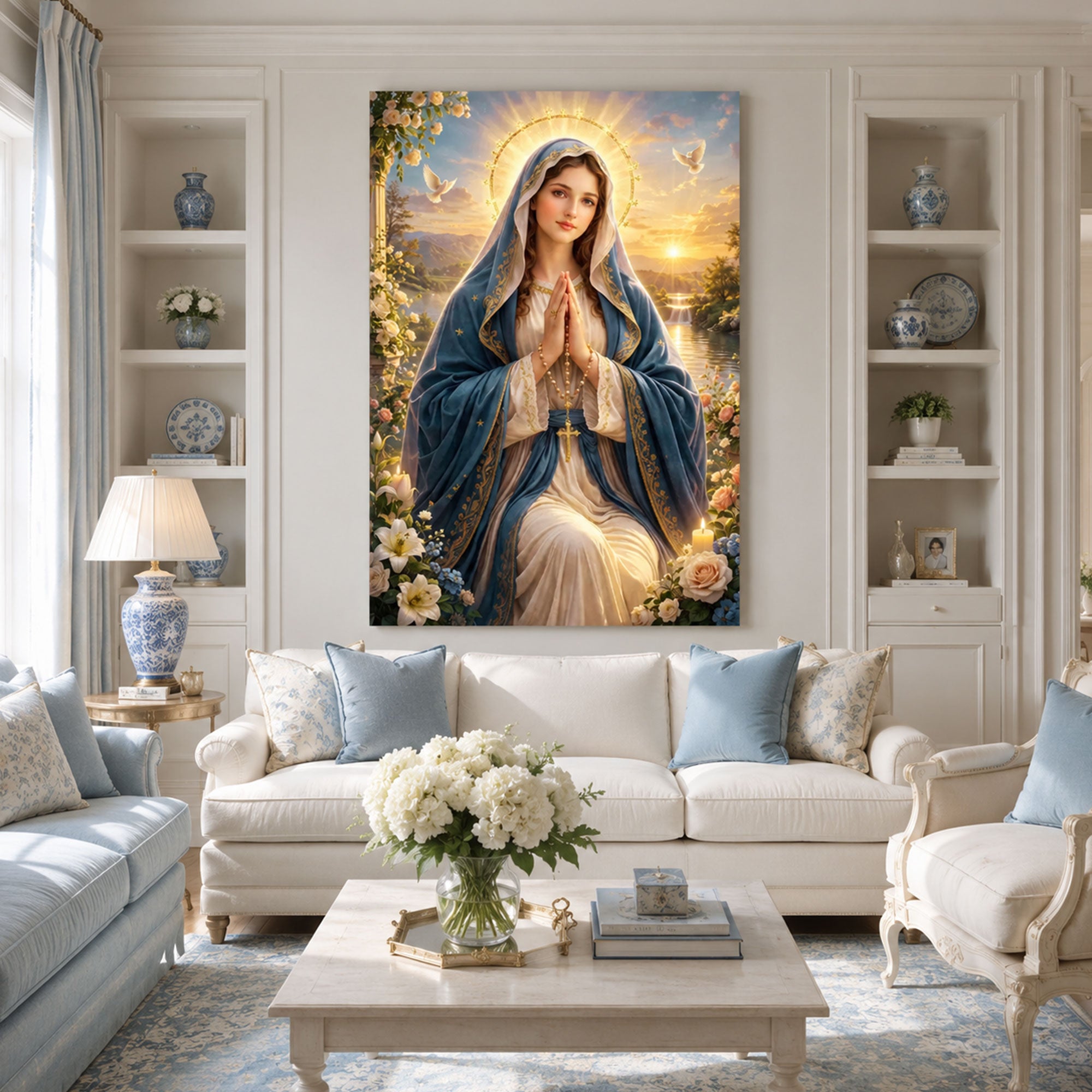 Virgin Mary Canvas Print, Blessed Mother Christian Wall Art, Heavenly Faith Decor, Peaceful Spiritual Artwork