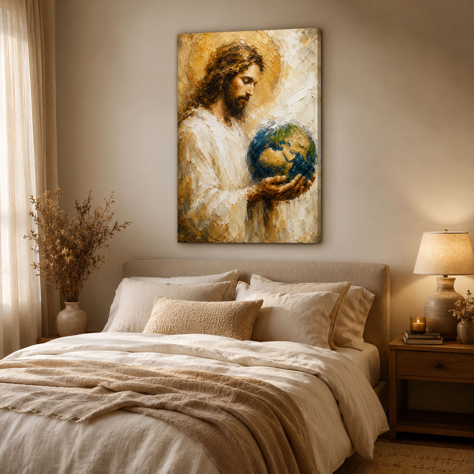 Jesus Holding the World Canvas Print, Christian Wall Art, Faith Home Decor
