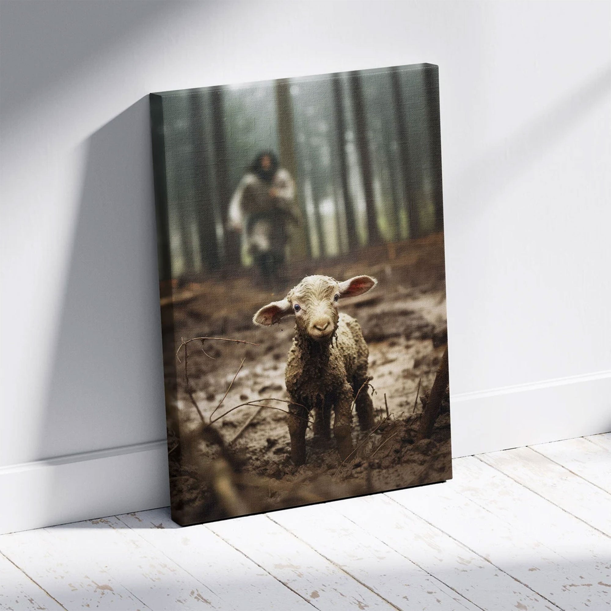 Jesus Saving Lost Lamb Canvas, Christian Wall Art, Good Shepherd Faith Canvas Print
