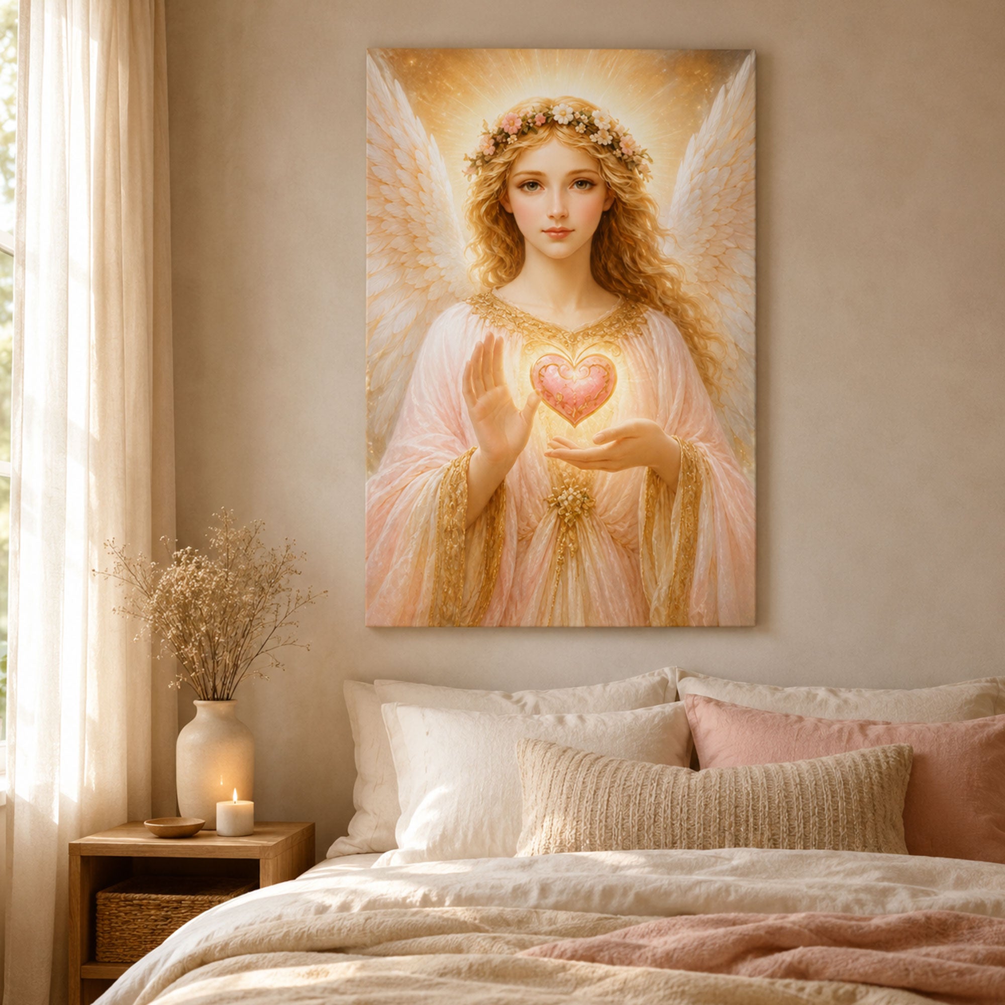 Guardian Angel Holding Heart Canvas Print, Christian Wall Art, Divine Love Faith Home Decor
