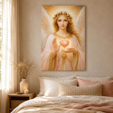Guardian Angel Holding Heart Canvas Print, Christian Wall Art, Divine Love Faith Home Decor