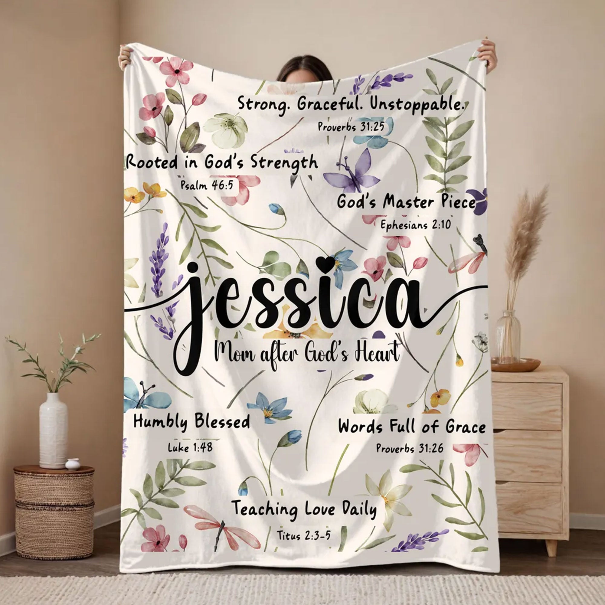 Personalized Christian Blanket, Custom Name Wildflower Bible Verse Fleece, Religious Family Gift, Custom Scripture Throw, Faith Gift Idea