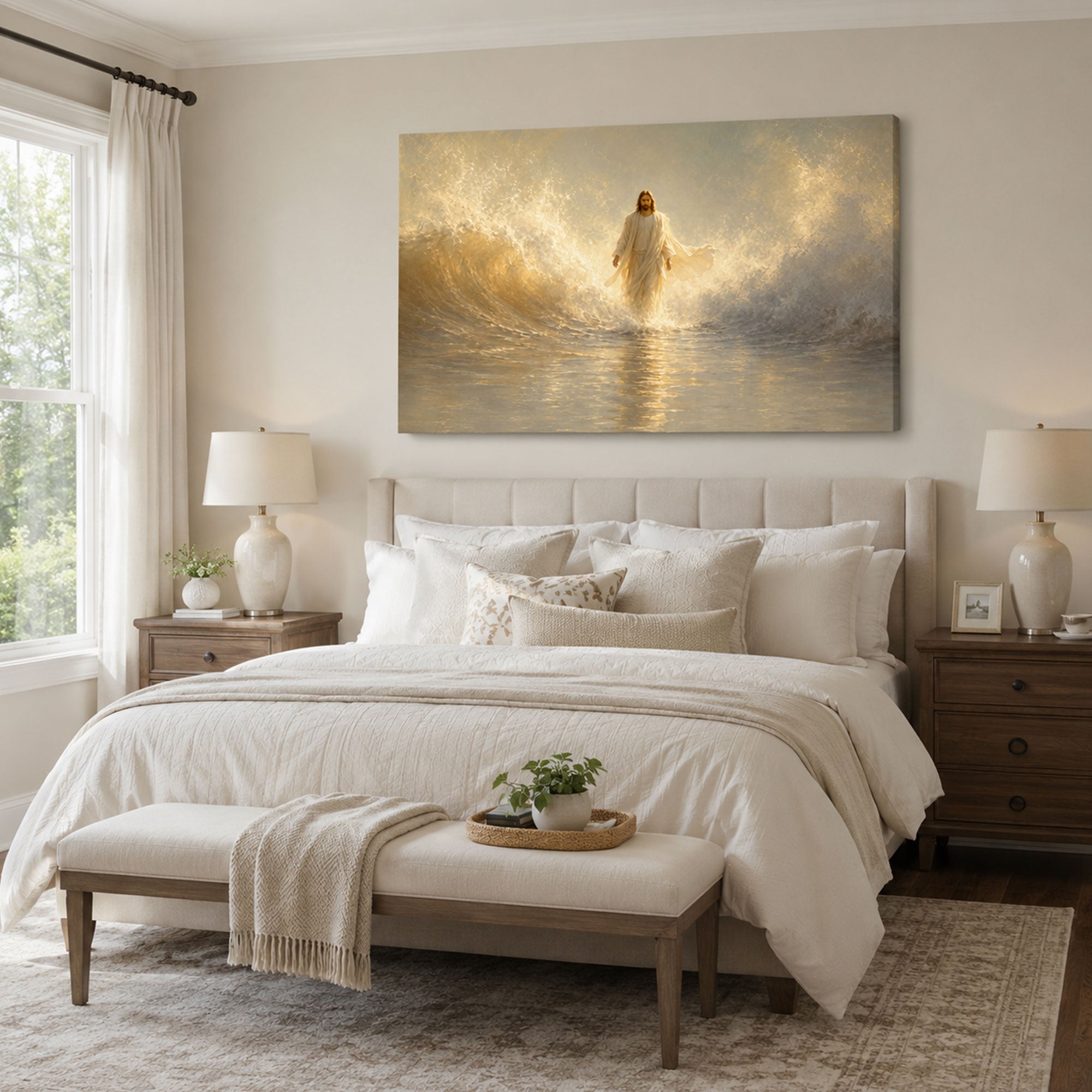 Jesus Walking on Water Canvas Print, Golden Sea Christian Wall Art, Light of Christ Faith Home Decor Gift