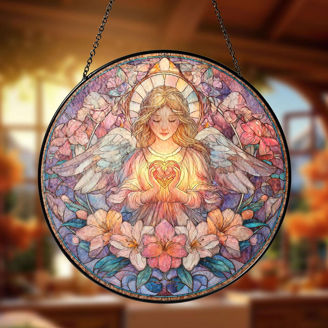 Angel Heart Suncatcher, Floral Window Hanging, Christian Memorial Gift