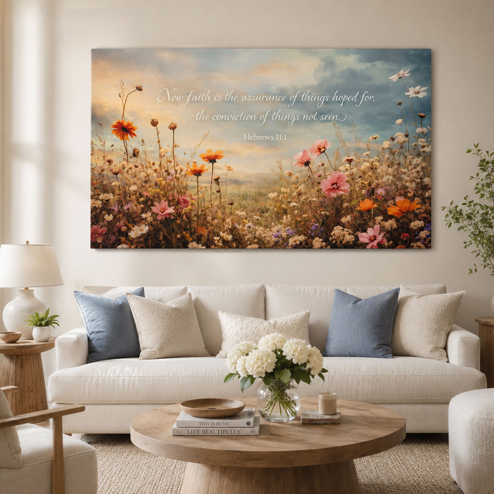 Hebrews 11:1 Now Faith Is the Assurance Canvas Print, Floral Bible Verse Christian Wall Art, Faith Home Decor Gift